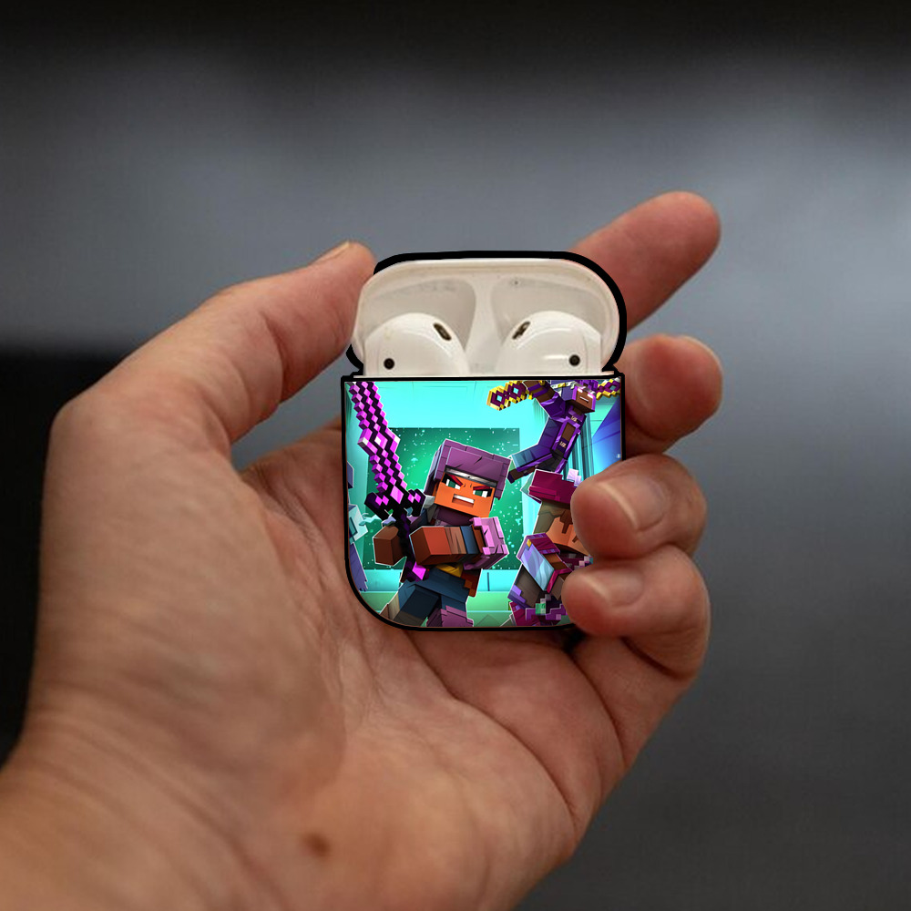 マインクラフト ブロックの世界 Minecraft MC Block world AirPods 第2世代保護ケース ハードシェル ブラック 耐衝撃・防指紋・カラビナ付き