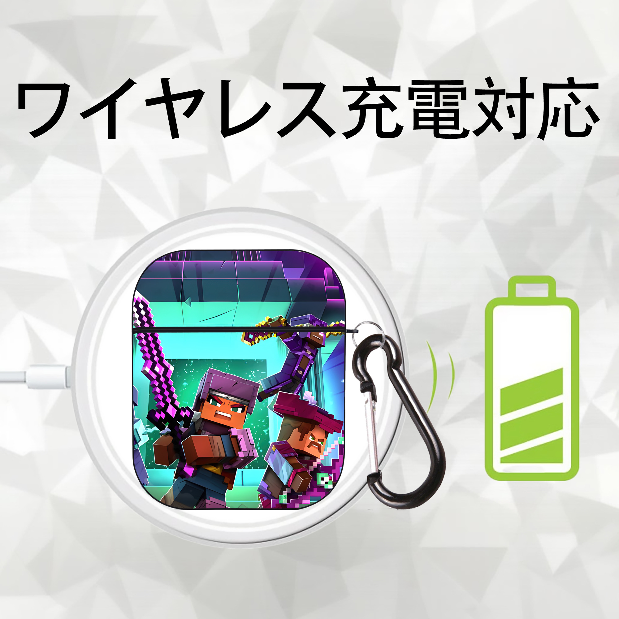 マインクラフト ブロックの世界 Minecraft MC Block world AirPods 第2世代保護ケース ハードシェル ブラック 耐衝撃・防指紋・カラビナ付き