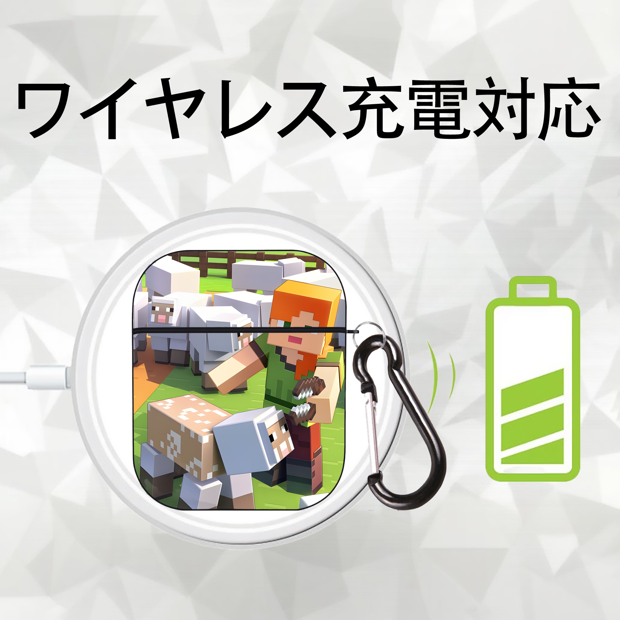 マインクラフト ブロックの世界 Minecraft MC Block world AirPods 第2世代保護ケース ハードシェル ブラック 耐衝撃・防指紋・カラビナ付き