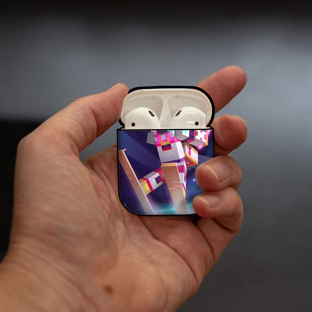 マインクラフト ブロックの世界 Minecraft MC Block world AirPods 第2世代保護ケース ハードシェル ブラック 耐衝撃・防指紋・カラビナ付き