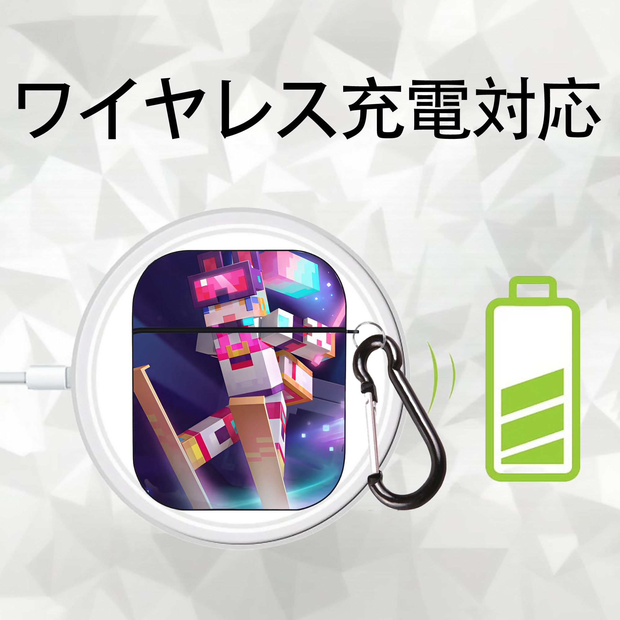マインクラフト ブロックの世界 Minecraft MC Block world AirPods 第2世代保護ケース ハードシェル ブラック 耐衝撃・防指紋・カラビナ付き