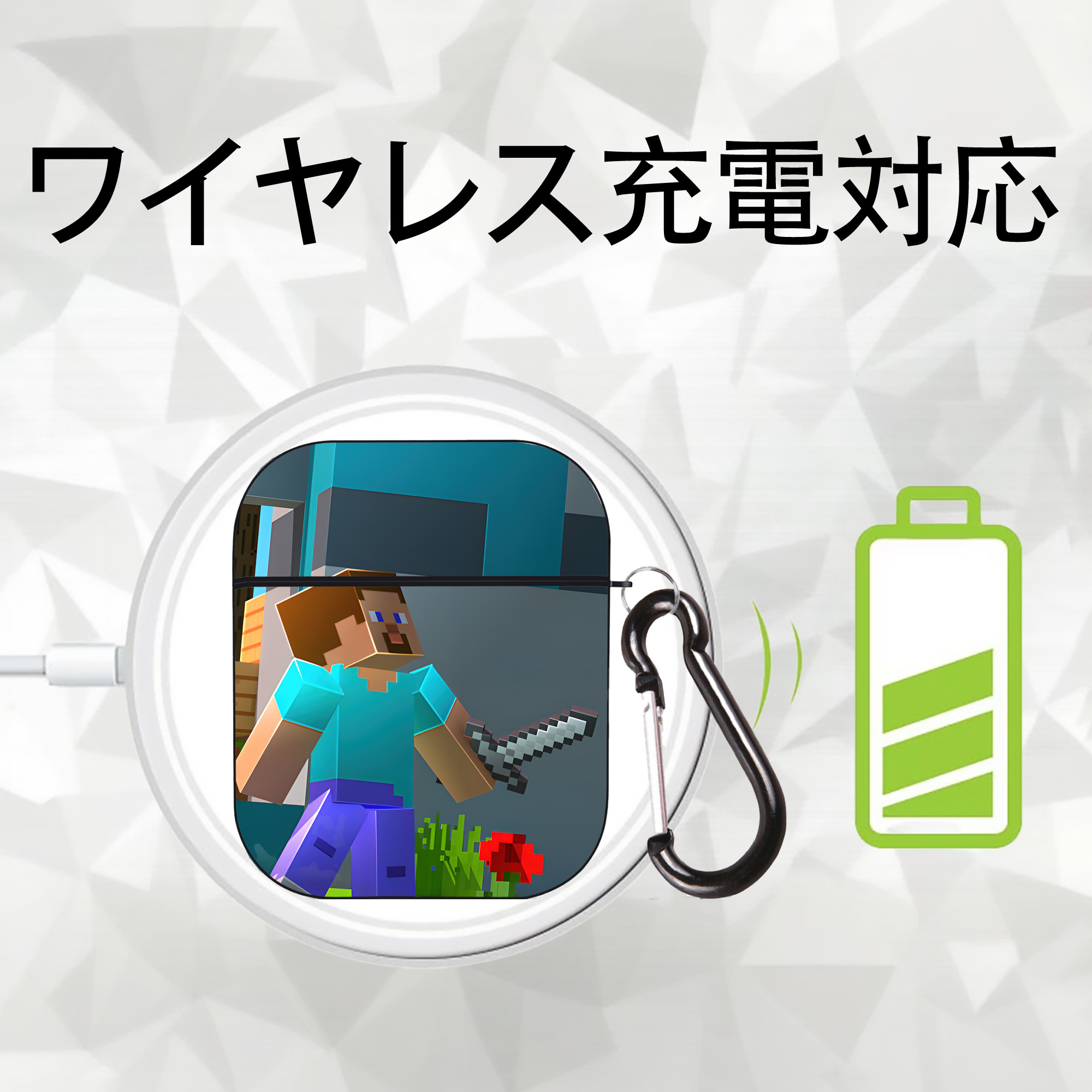 マインクラフト ブロックの世界 Minecraft MC Block world AirPods 第2世代保護ケース ハードシェル ブラック 耐衝撃・防指紋・カラビナ付き