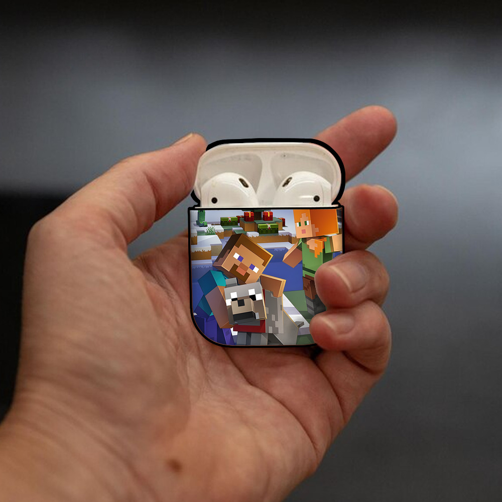 マインクラフト ブロックの世界 Minecraft MC Block world AirPods 第2世代保護ケース ハードシェル ブラック 耐衝撃・防指紋・カラビナ付き