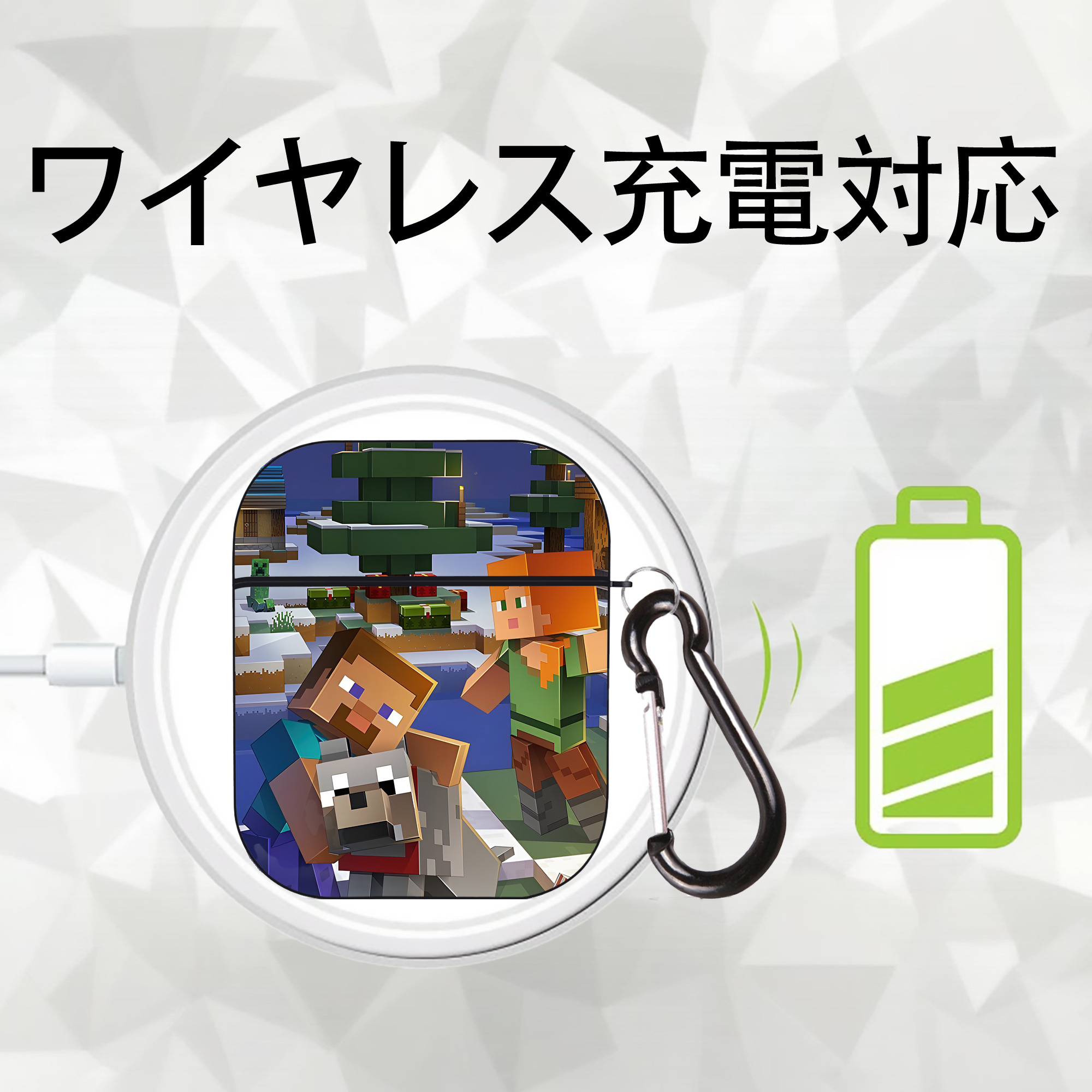 マインクラフト ブロックの世界 Minecraft MC Block world AirPods 第2世代保護ケース ハードシェル ブラック 耐衝撃・防指紋・カラビナ付き