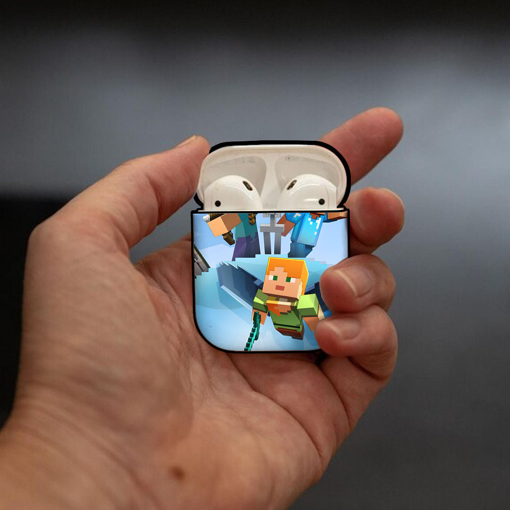 マインクラフト ブロックの世界 Minecraft MC Block world AirPods 第2世代保護ケース ハードシェル ブラック 耐衝撃・防指紋・カラビナ付き
