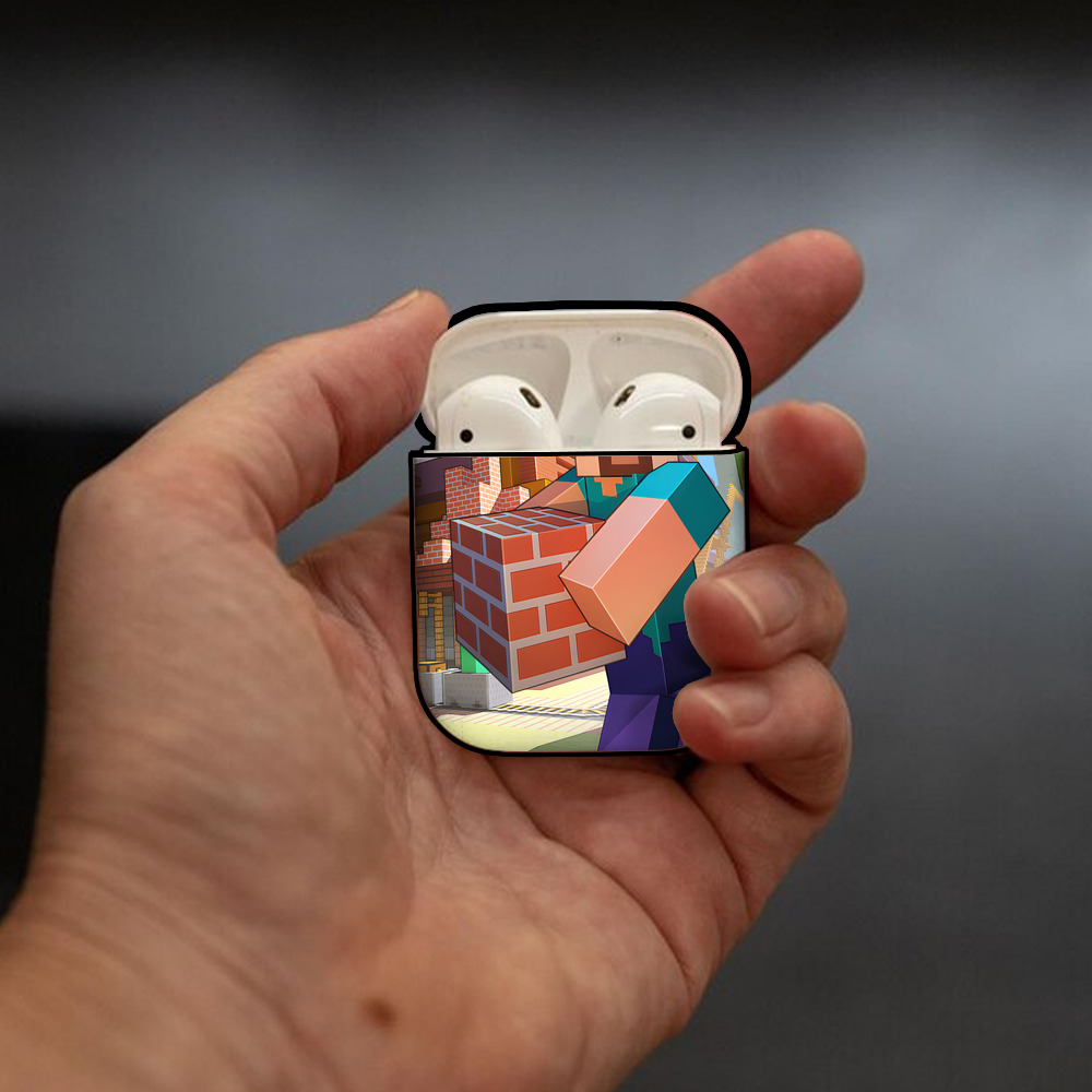 マインクラフト ブロックの世界 Minecraft MC Block world AirPods 第2世代保護ケース ハードシェル ブラック 耐衝撃・防指紋・カラビナ付き