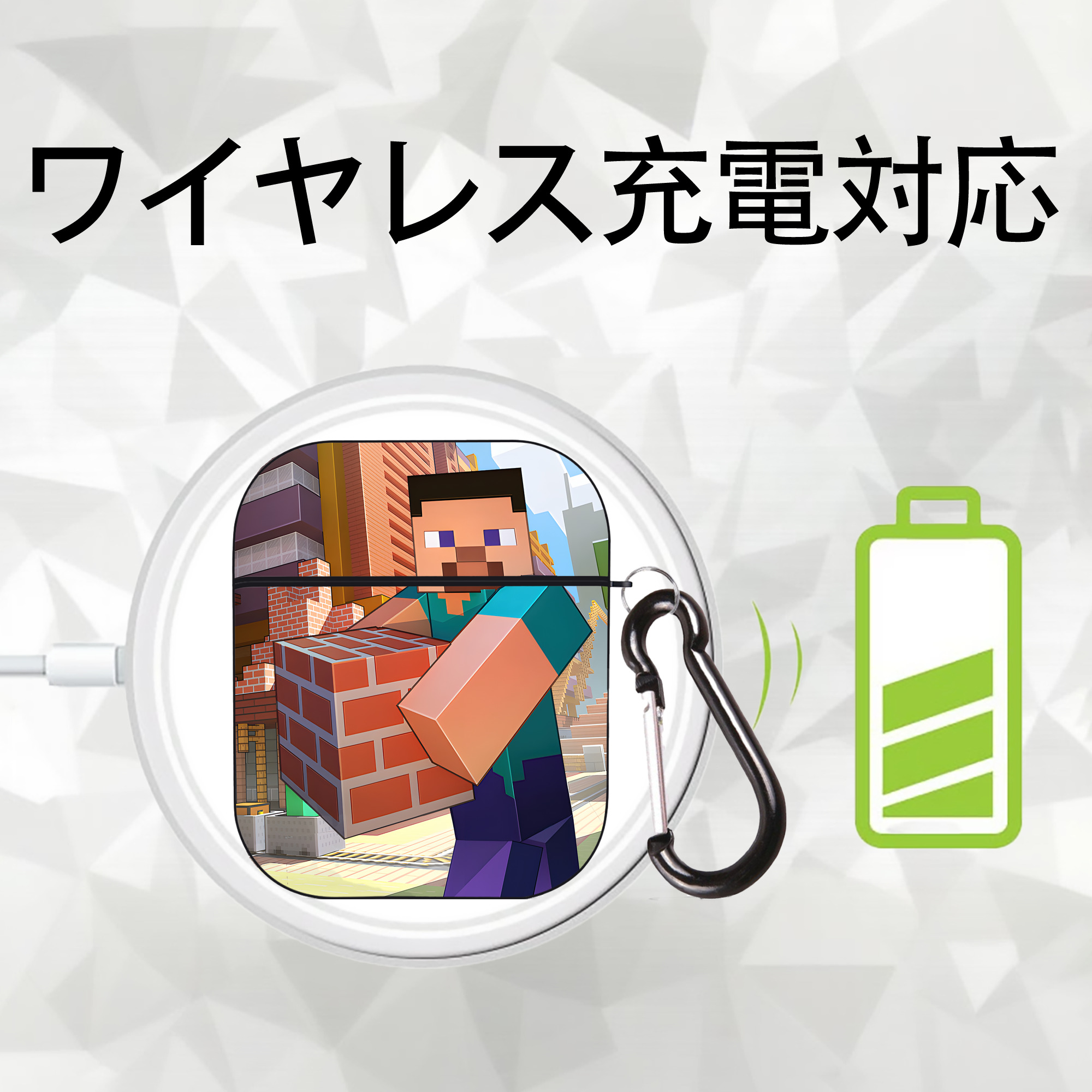 マインクラフト ブロックの世界 Minecraft MC Block world AirPods 第2世代保護ケース ハードシェル ブラック 耐衝撃・防指紋・カラビナ付き