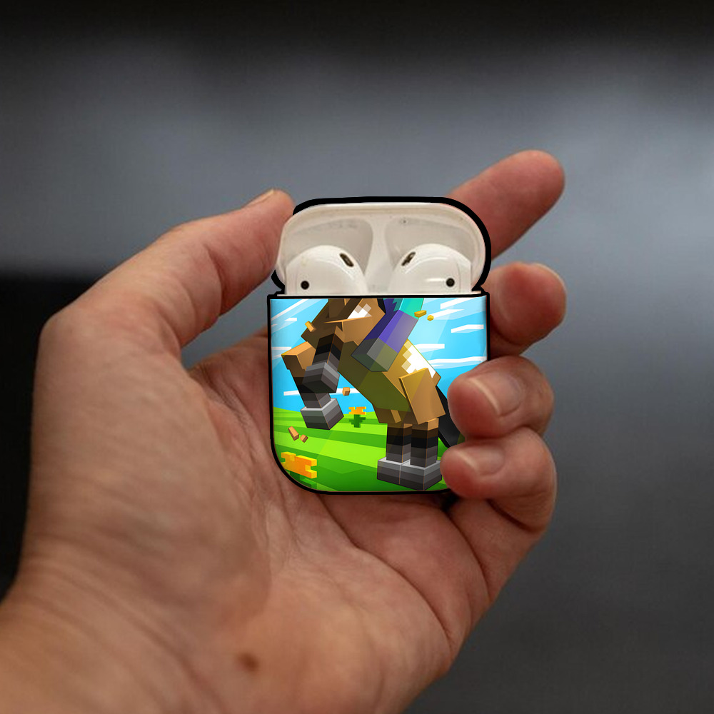 マインクラフト ブロックの世界 Minecraft MC Block world AirPods 第2世代保護ケース ハードシェル ブラック 耐衝撃・防指紋・カラビナ付き