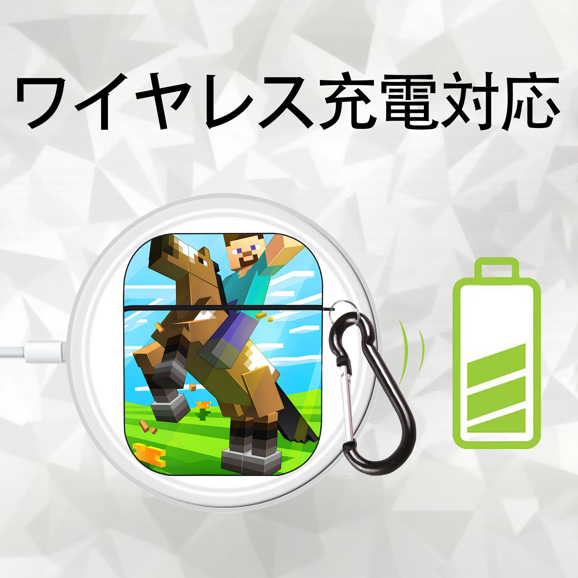 マインクラフト ブロックの世界 Minecraft MC Block world AirPods 第2世代保護ケース ハードシェル ブラック 耐衝撃・防指紋・カラビナ付き