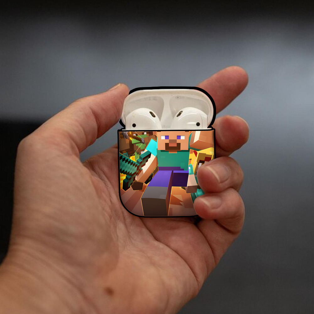 マインクラフト ブロックの世界 Minecraft MC Block world AirPods 第2世代保護ケース ハードシェル ブラック 耐衝撃・防指紋・カラビナ付き