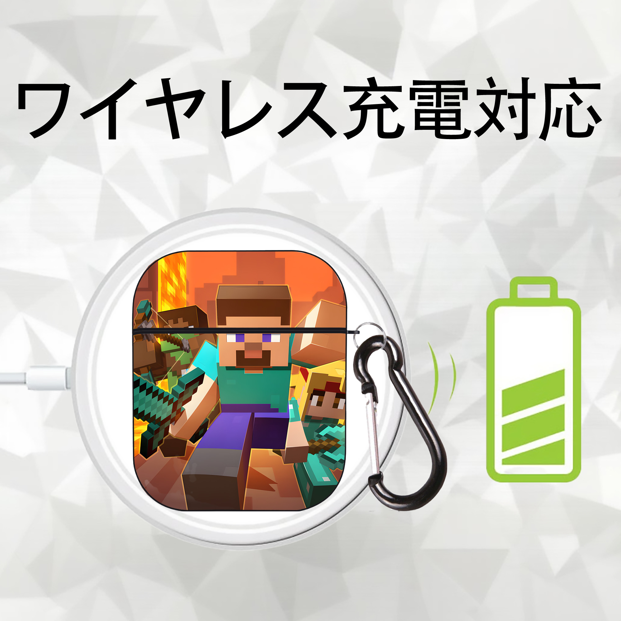 マインクラフト ブロックの世界 Minecraft MC Block world AirPods 第2世代保護ケース ハードシェル ブラック 耐衝撃・防指紋・カラビナ付き