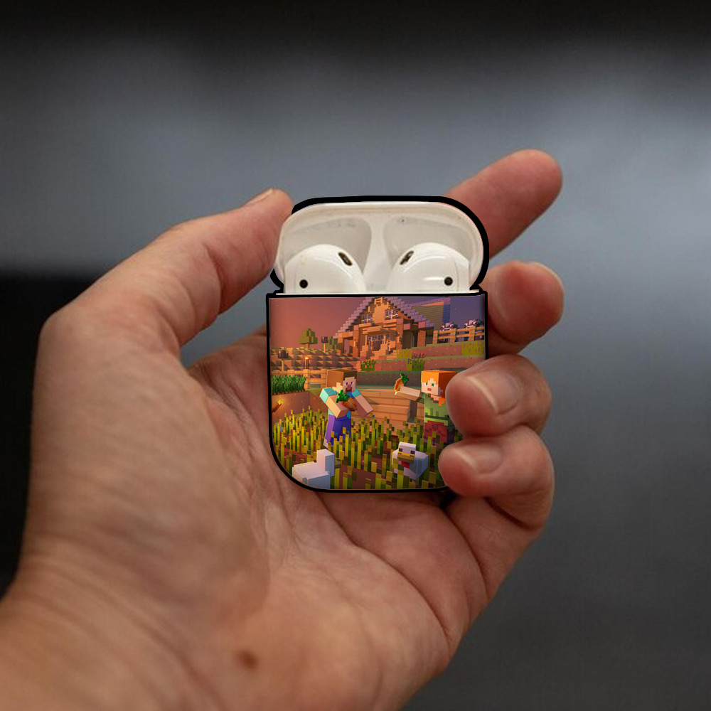 マインクラフト ブロックの世界 Minecraft MC Block world AirPods 第2世代保護ケース ハードシェル ブラック 耐衝撃・防指紋・カラビナ付き