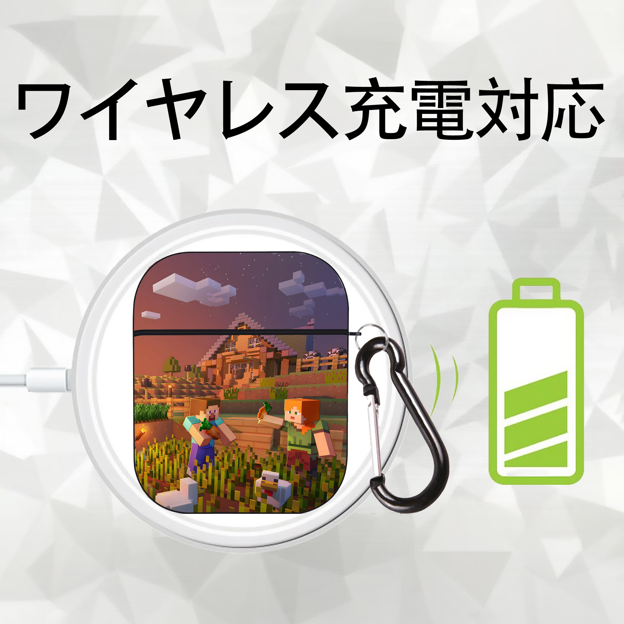 マインクラフト ブロックの世界 Minecraft MC Block world AirPods 第2世代保護ケース ハードシェル ブラック 耐衝撃・防指紋・カラビナ付き
