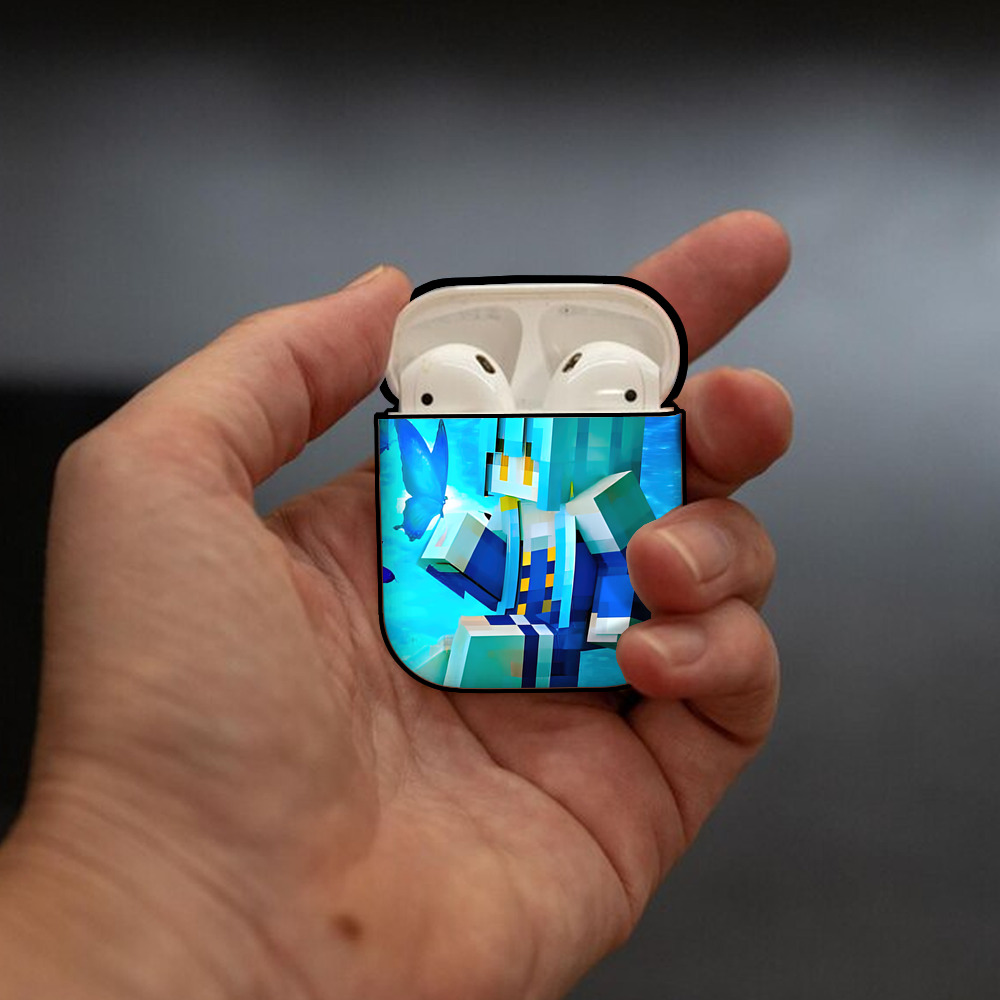マインクラフト ブロックの世界 Minecraft MC Block world AirPods 第2世代保護ケース ハードシェル ブラック 耐衝撃・防指紋・カラビナ付き