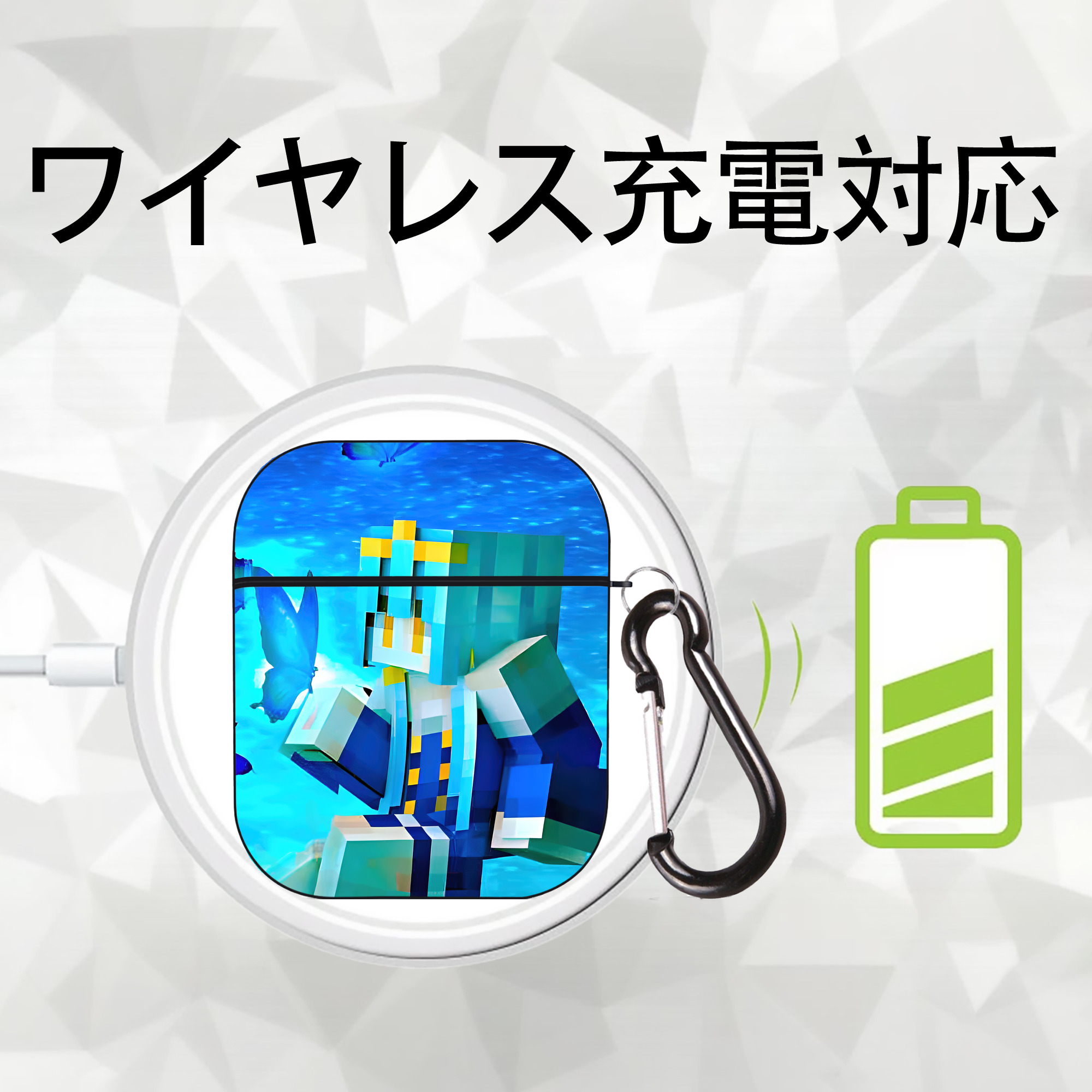 マインクラフト ブロックの世界 Minecraft MC Block world AirPods 第2世代保護ケース ハードシェル ブラック 耐衝撃・防指紋・カラビナ付き