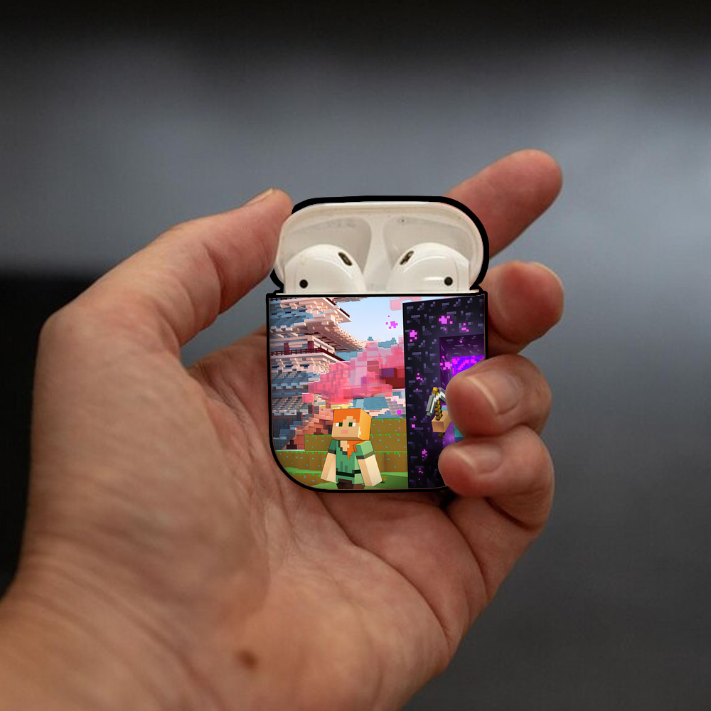 マインクラフト ブロックの世界 Minecraft MC Block world AirPods 第2世代保護ケース ハードシェル ブラック 耐衝撃・防指紋・カラビナ付き