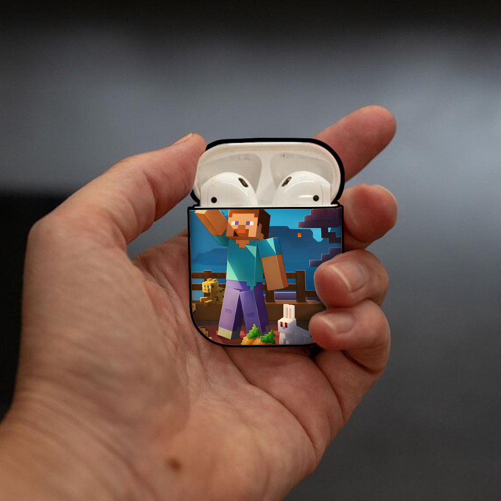 マインクラフト ブロックの世界 Minecraft MC Block world AirPods 第2世代保護ケース ハードシェル ブラック 耐衝撃・防指紋・カラビナ付き