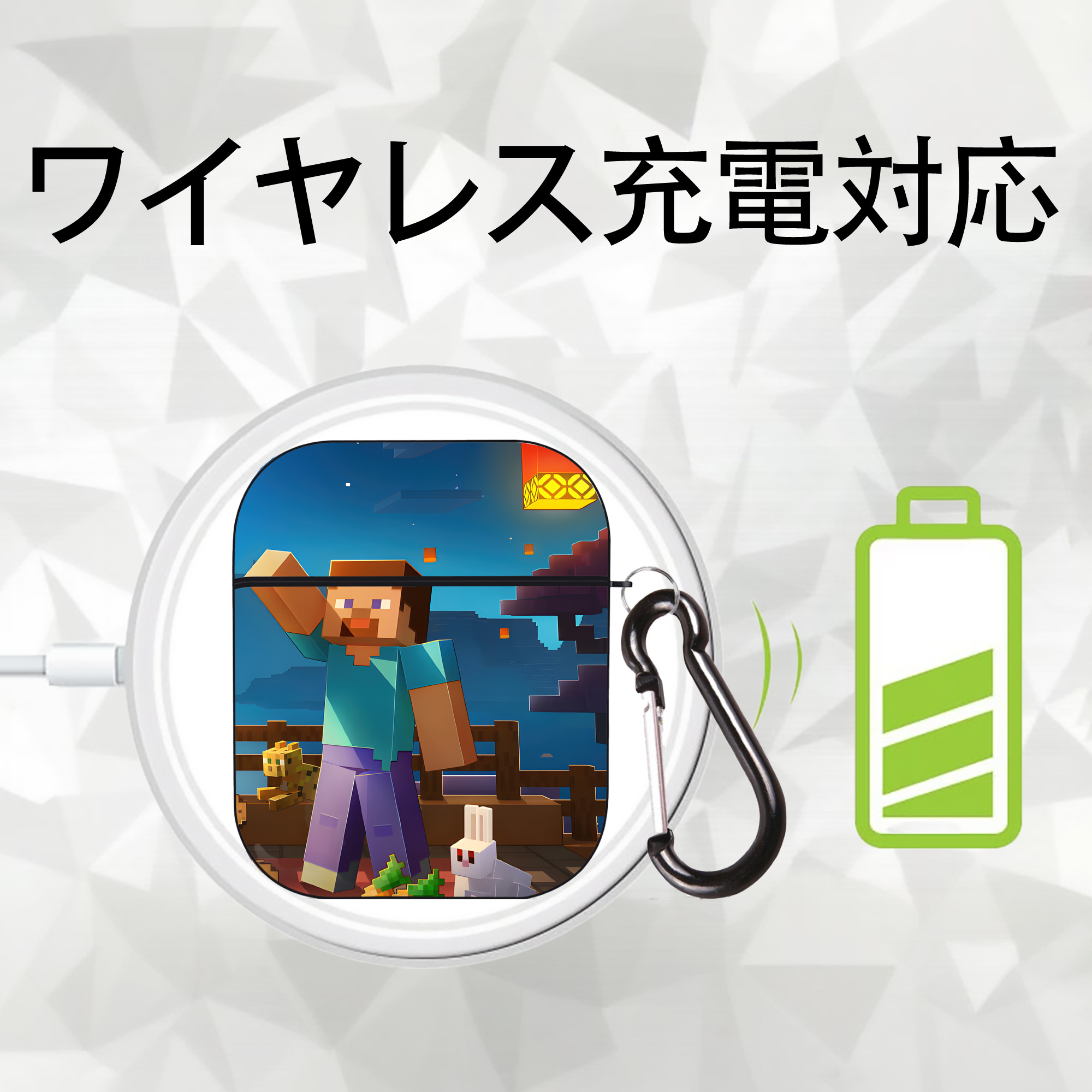 マインクラフト ブロックの世界 Minecraft MC Block world AirPods 第2世代保護ケース ハードシェル ブラック 耐衝撃・防指紋・カラビナ付き