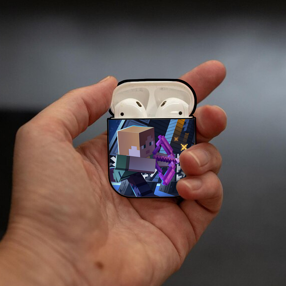 マインクラフト ブロックの世界 Minecraft MC Block world AirPods 第2世代保護ケース ハードシェル ブラック 耐衝撃・防指紋・カラビナ付き