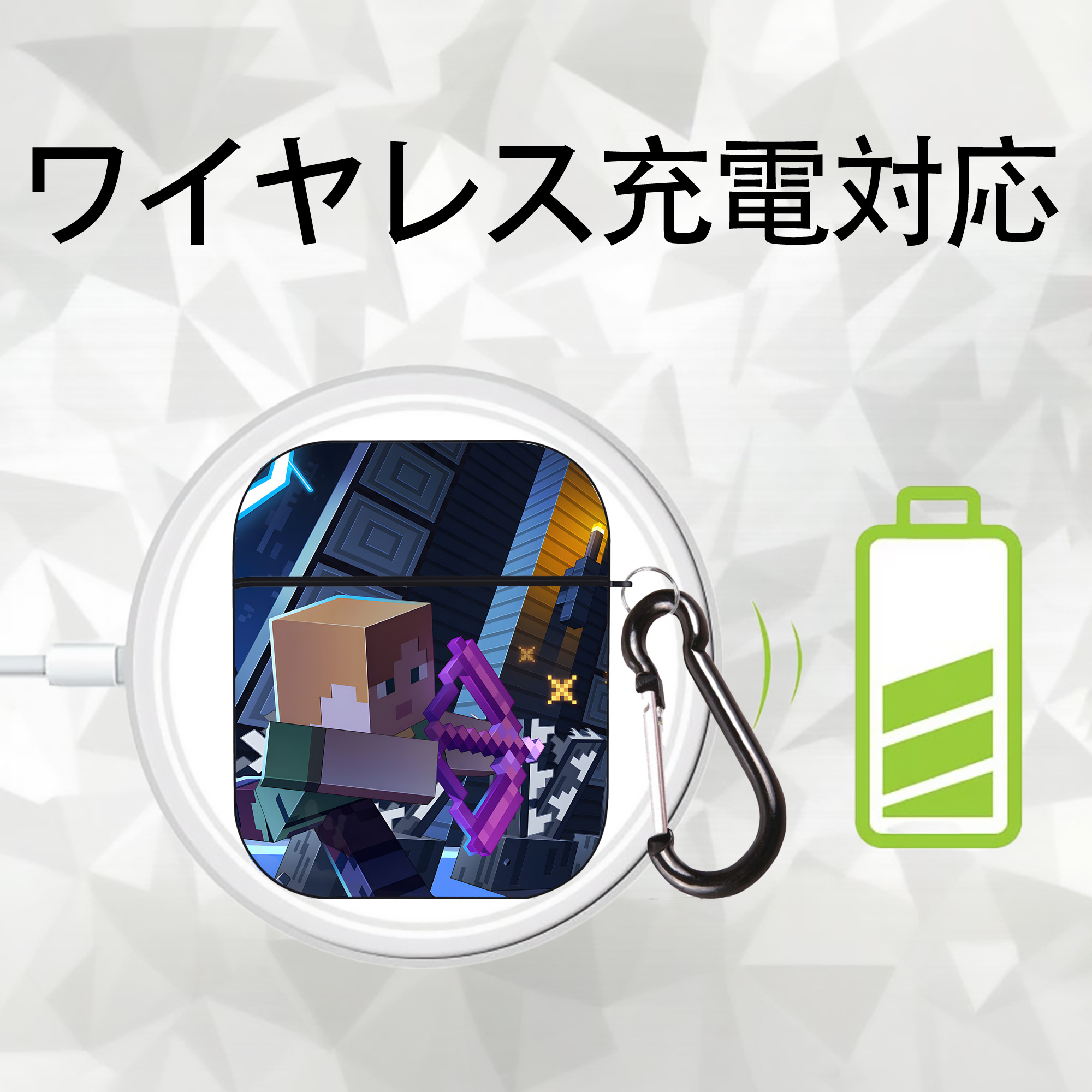 マインクラフト ブロックの世界 Minecraft MC Block world AirPods 第2世代保護ケース ハードシェル ブラック 耐衝撃・防指紋・カラビナ付き