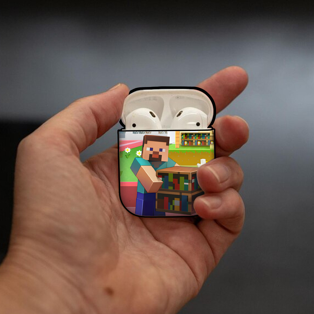 マインクラフト ブロックの世界 Minecraft MC Block world AirPods 第2世代保護ケース ハードシェル ブラック 耐衝撃・防指紋・カラビナ付き