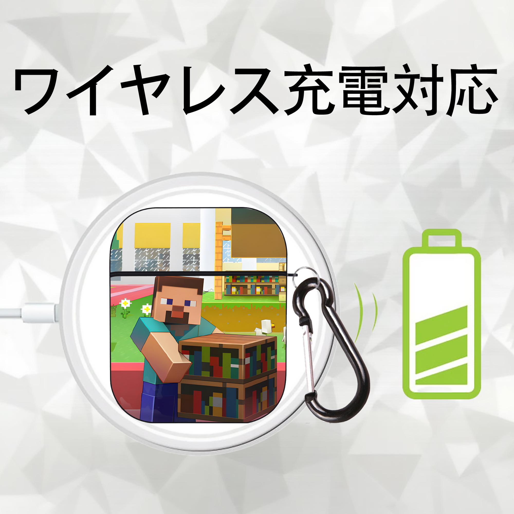 マインクラフト ブロックの世界 Minecraft MC Block world AirPods 第2世代保護ケース ハードシェル ブラック 耐衝撃・防指紋・カラビナ付き