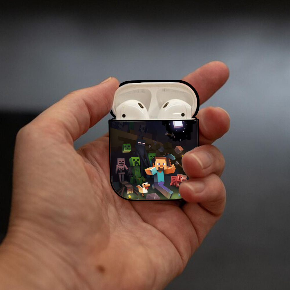 マインクラフト ブロックの世界 Minecraft MC Block world AirPods 第2世代保護ケース ハードシェル ブラック 耐衝撃・防指紋・カラビナ付き