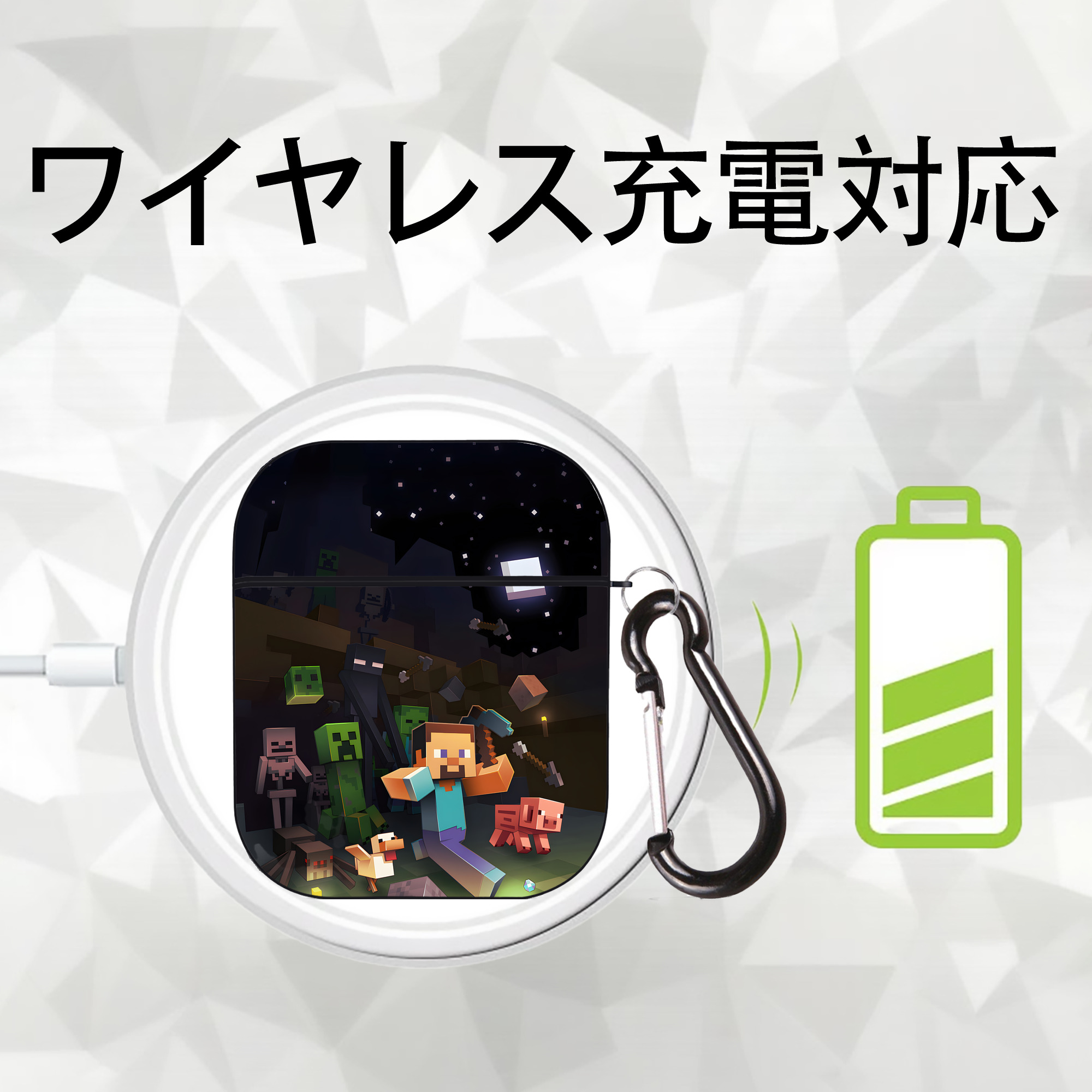 マインクラフト ブロックの世界 Minecraft MC Block world AirPods 第2世代保護ケース ハードシェル ブラック 耐衝撃・防指紋・カラビナ付き