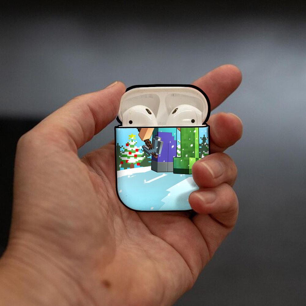 マインクラフト ブロックの世界 Minecraft MC Block world AirPods 第2世代保護ケース ハードシェル ブラック 耐衝撃・防指紋・カラビナ付き