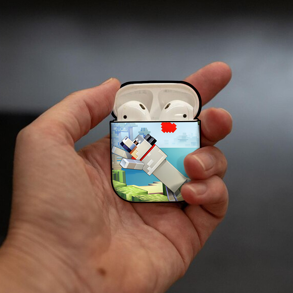 マインクラフト ブロックの世界 Minecraft MC Block world AirPods 第2世代保護ケース ハードシェル ブラック 耐衝撃・防指紋・カラビナ付き