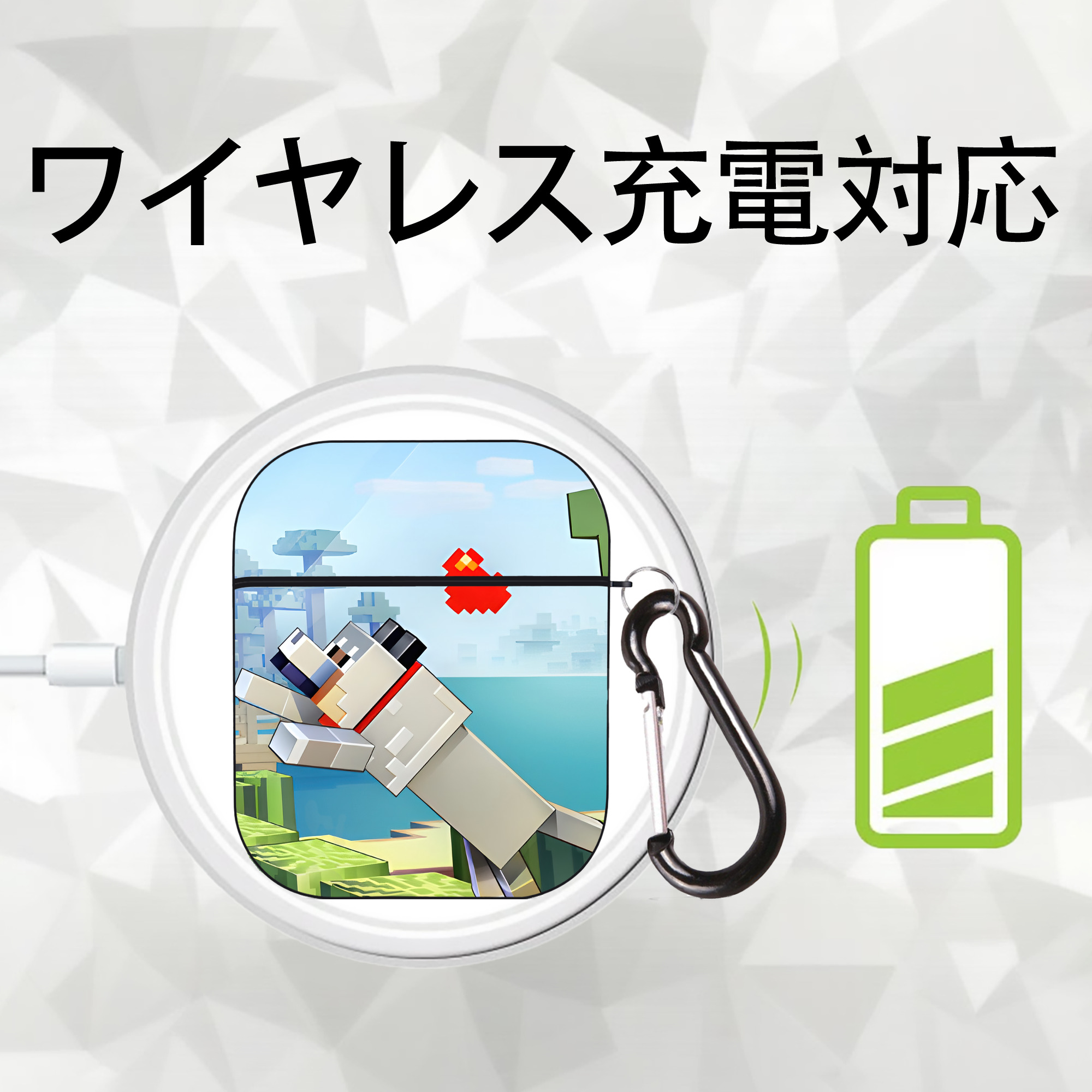 マインクラフト ブロックの世界 Minecraft MC Block world AirPods 第2世代保護ケース ハードシェル ブラック 耐衝撃・防指紋・カラビナ付き
