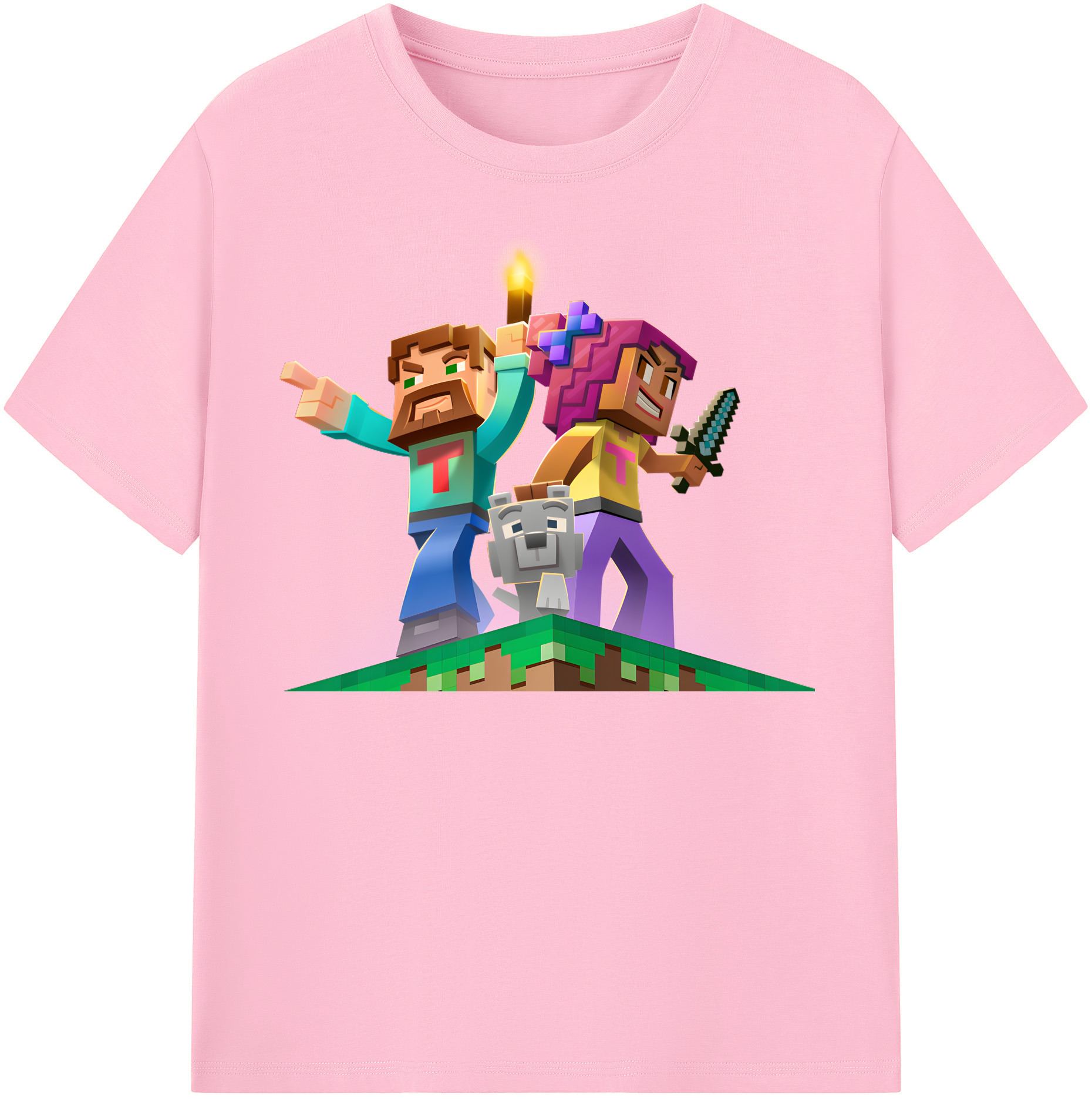 （画像用） マインクラフト ブロックの世界 Minecraft MC Block world 綿100％半袖Tシャツ（フロントプリント）