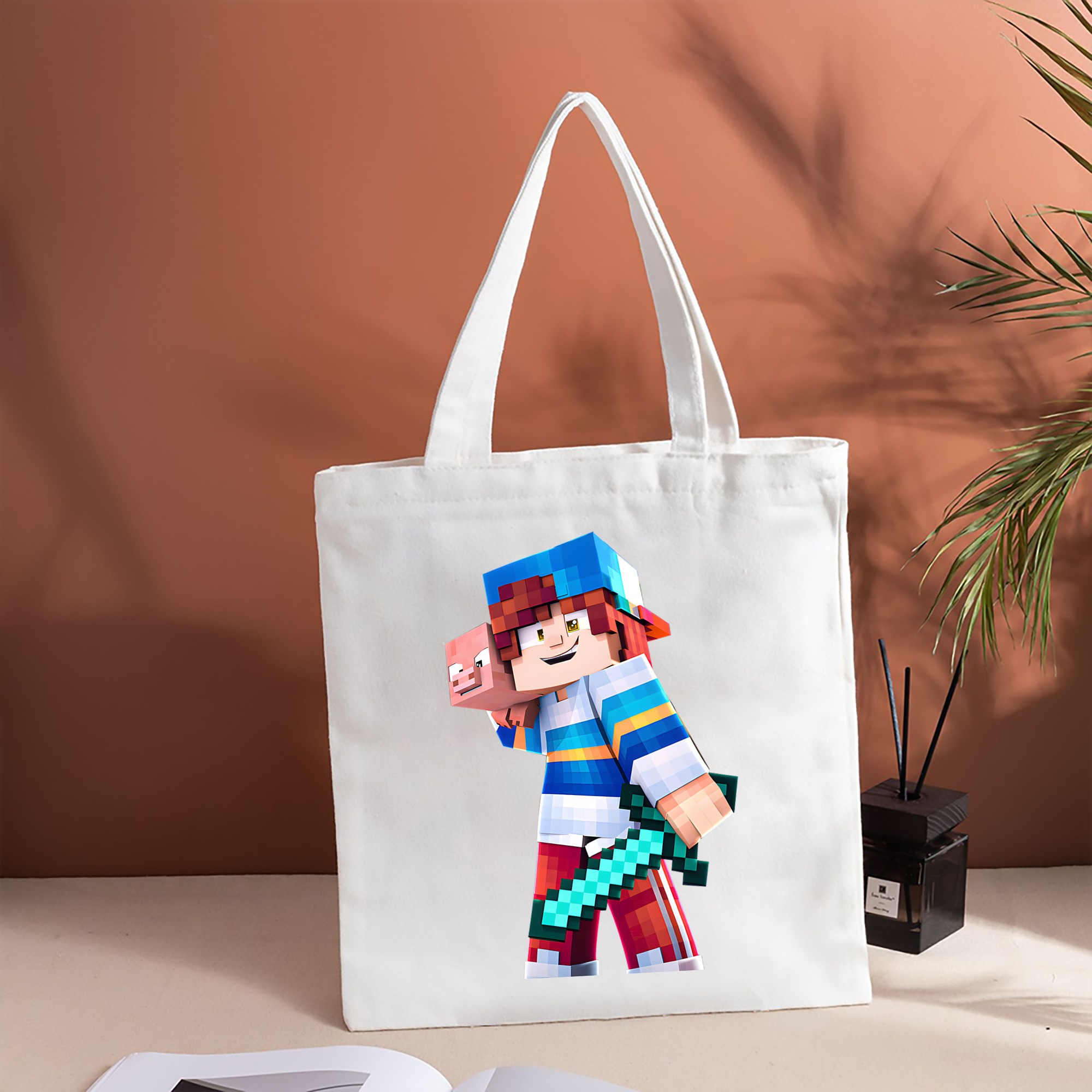 マインクラフト ブロックの世界 Minecraft MC Block world 縦型キャンバス生地手提げバッグ　トートバッグ