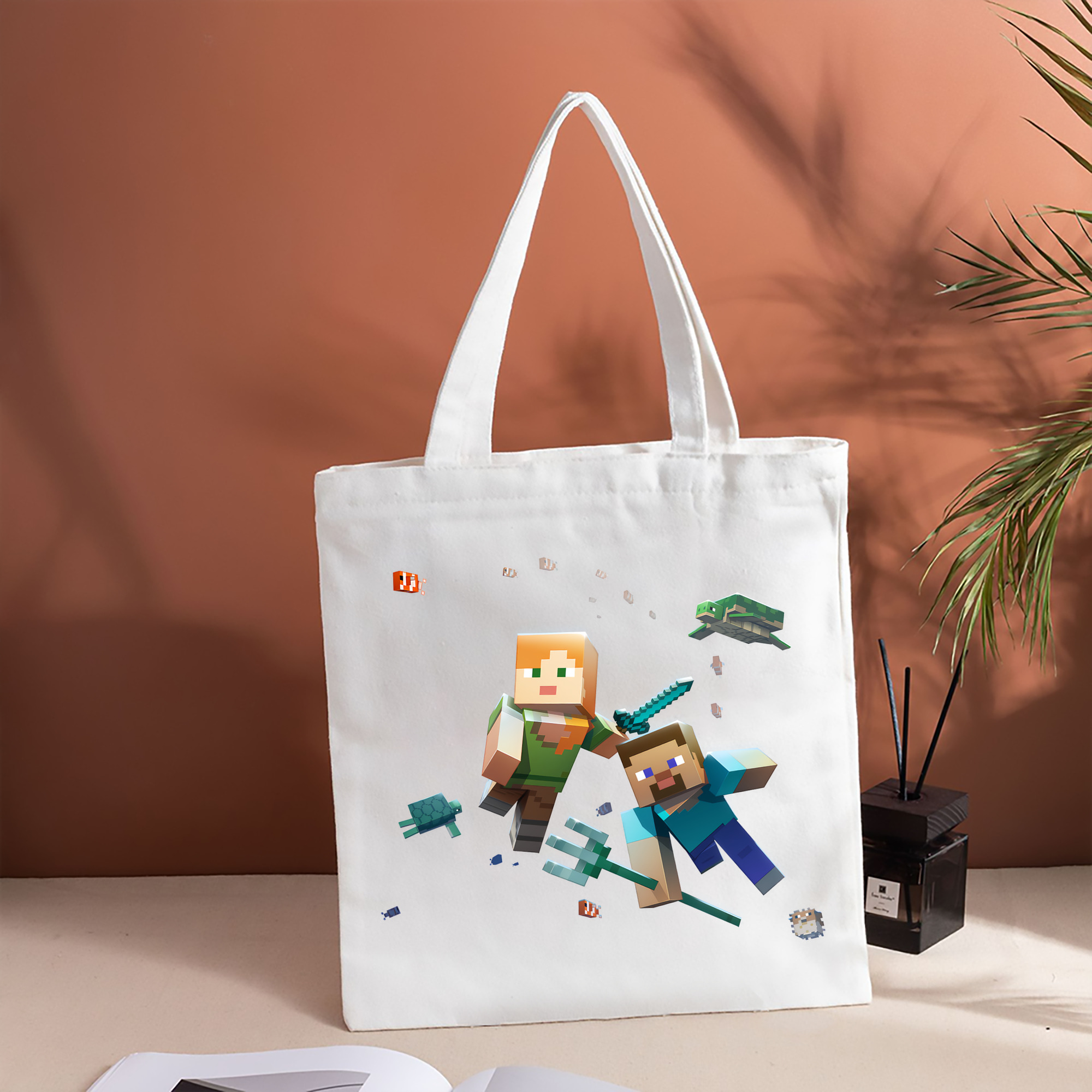 マインクラフト ブロックの世界 Minecraft MC Block world 縦型キャンバス生地手提げバッグ　トートバッグ
