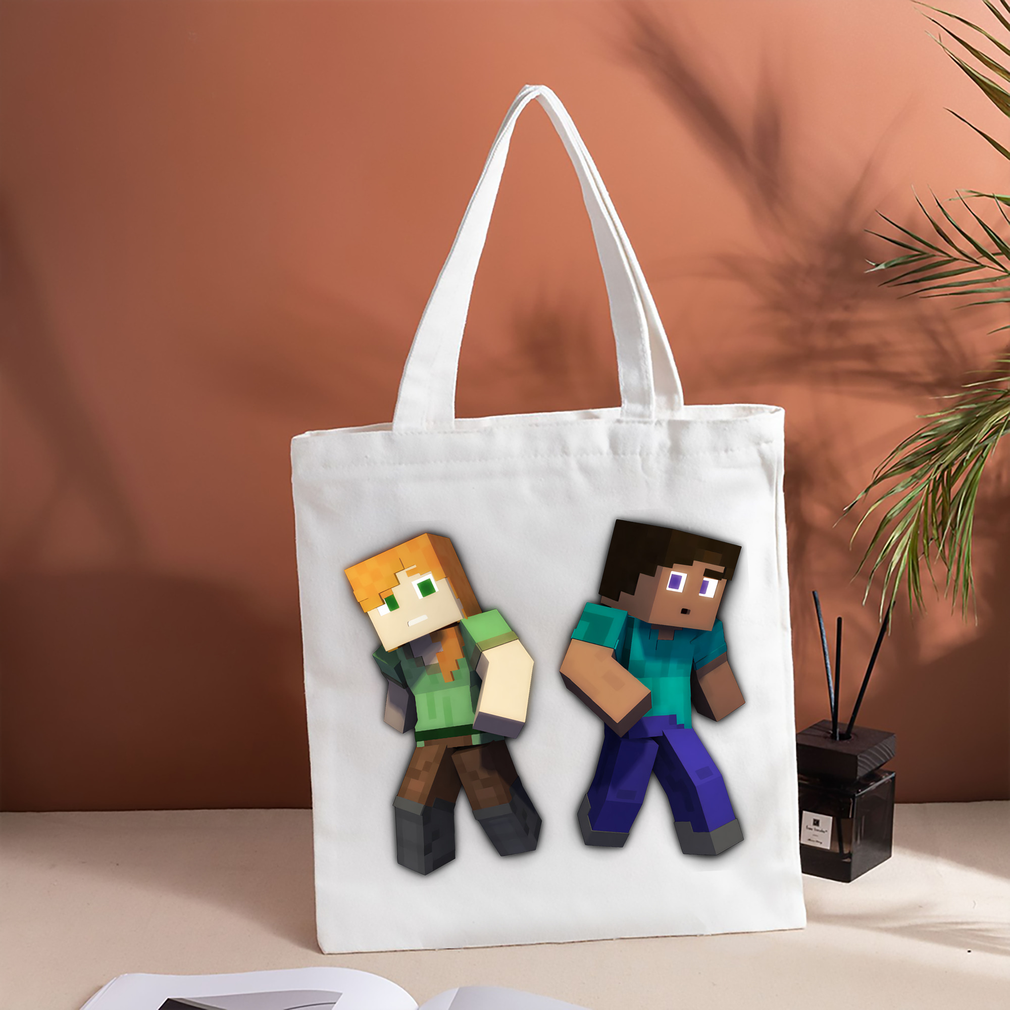 マインクラフト ブロックの世界 Minecraft MC Block world 縦型キャンバス生地手提げバッグ　トートバッグ