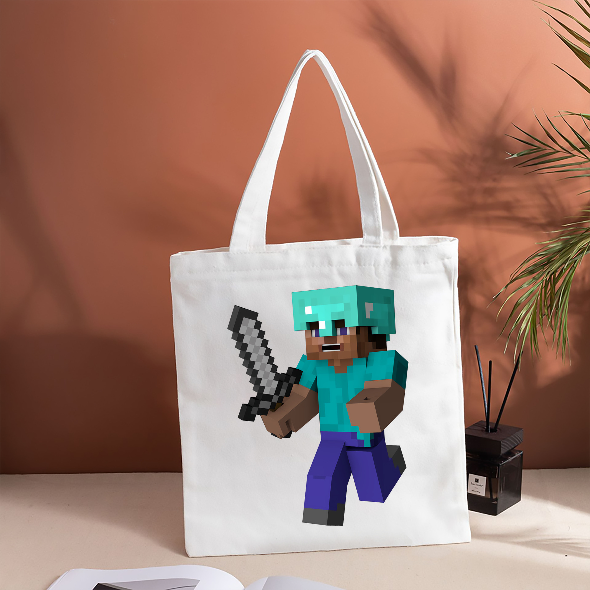 マインクラフト ブロックの世界 Minecraft MC Block world 縦型キャンバス生地手提げバッグ　トートバッグ
