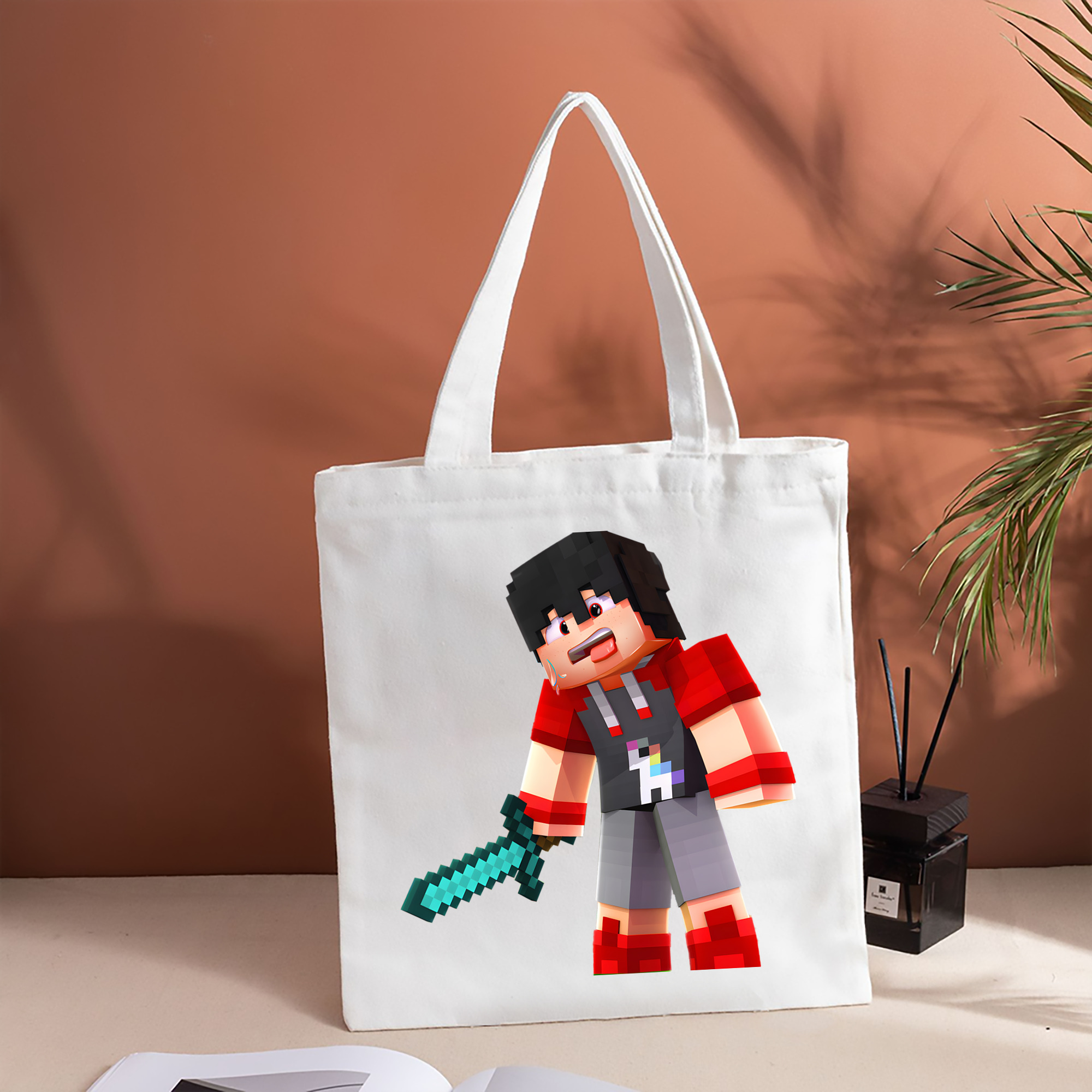 マインクラフト ブロックの世界 Minecraft MC Block world 縦型キャンバス生地手提げバッグ　トートバッグ