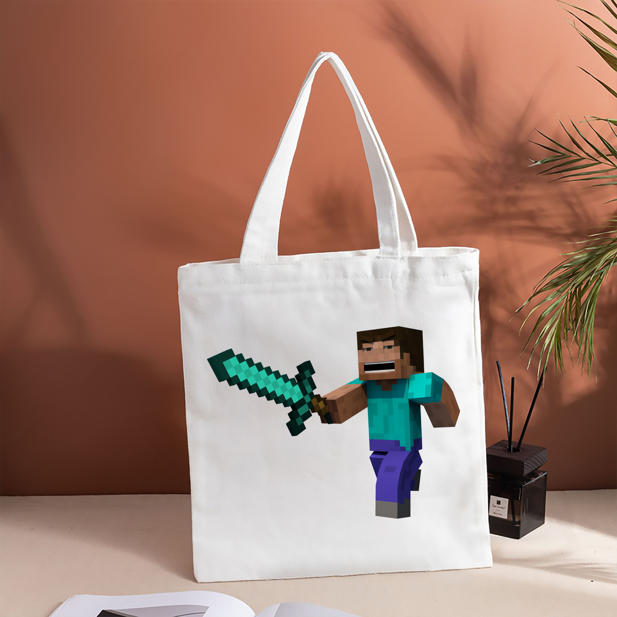マインクラフト ブロックの世界 Minecraft MC Block world 縦型キャンバス生地手提げバッグ　トートバッグ