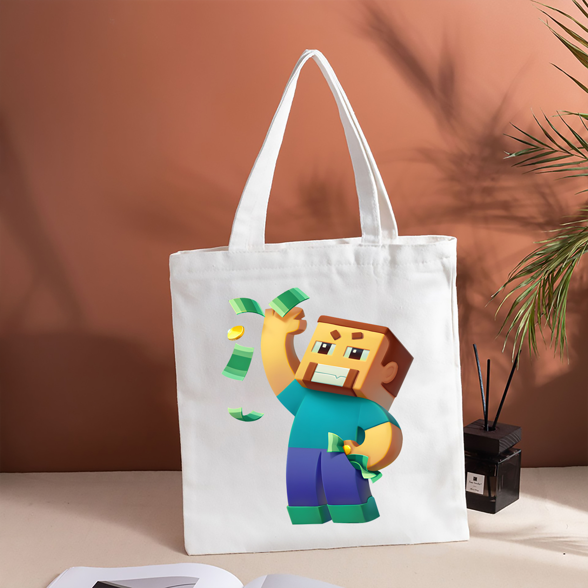 マインクラフト ブロックの世界 Minecraft MC Block world 縦型キャンバス生地手提げバッグ　トートバッグ