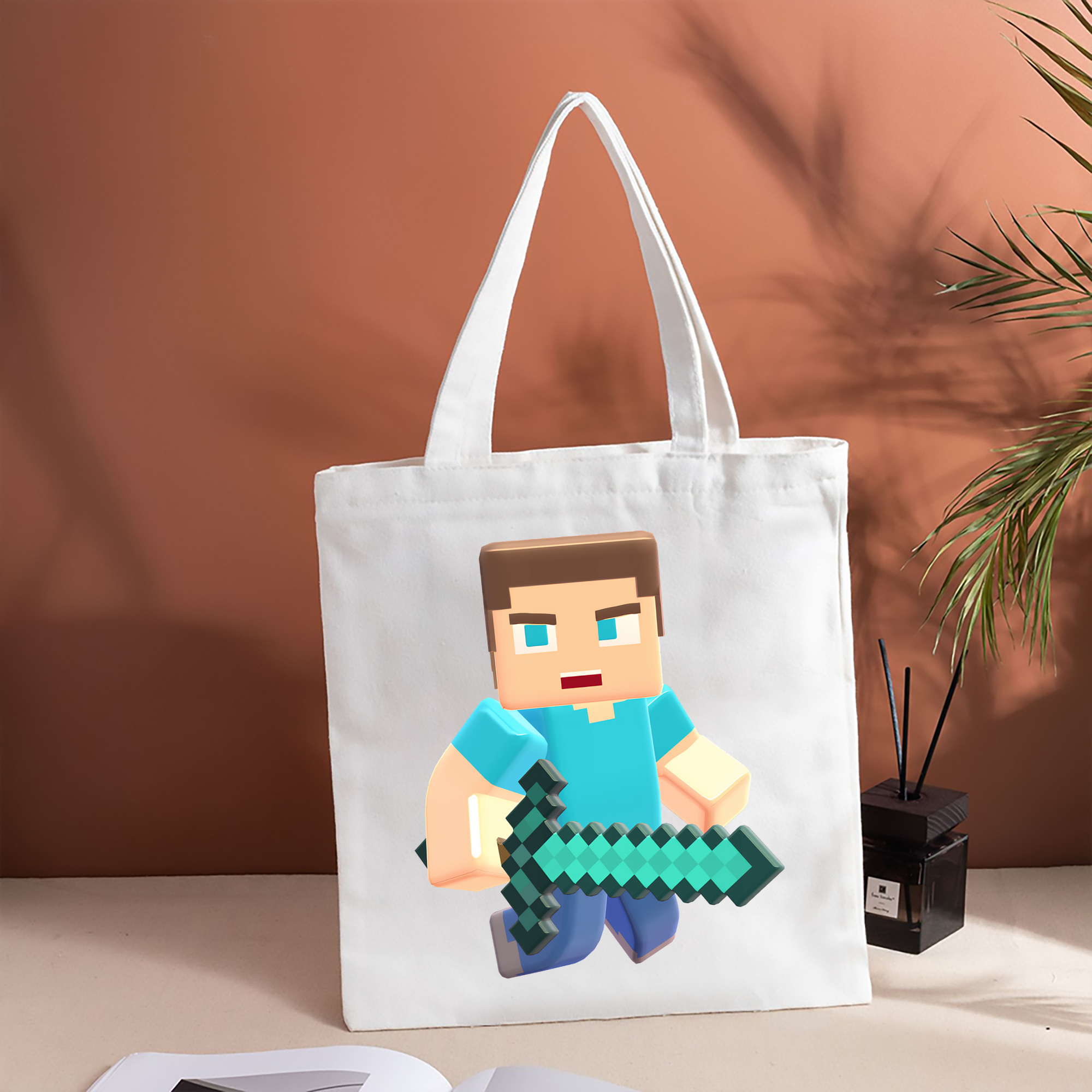 マインクラフト ブロックの世界 Minecraft MC Block world 縦型キャンバス生地手提げバッグ　トートバッグ