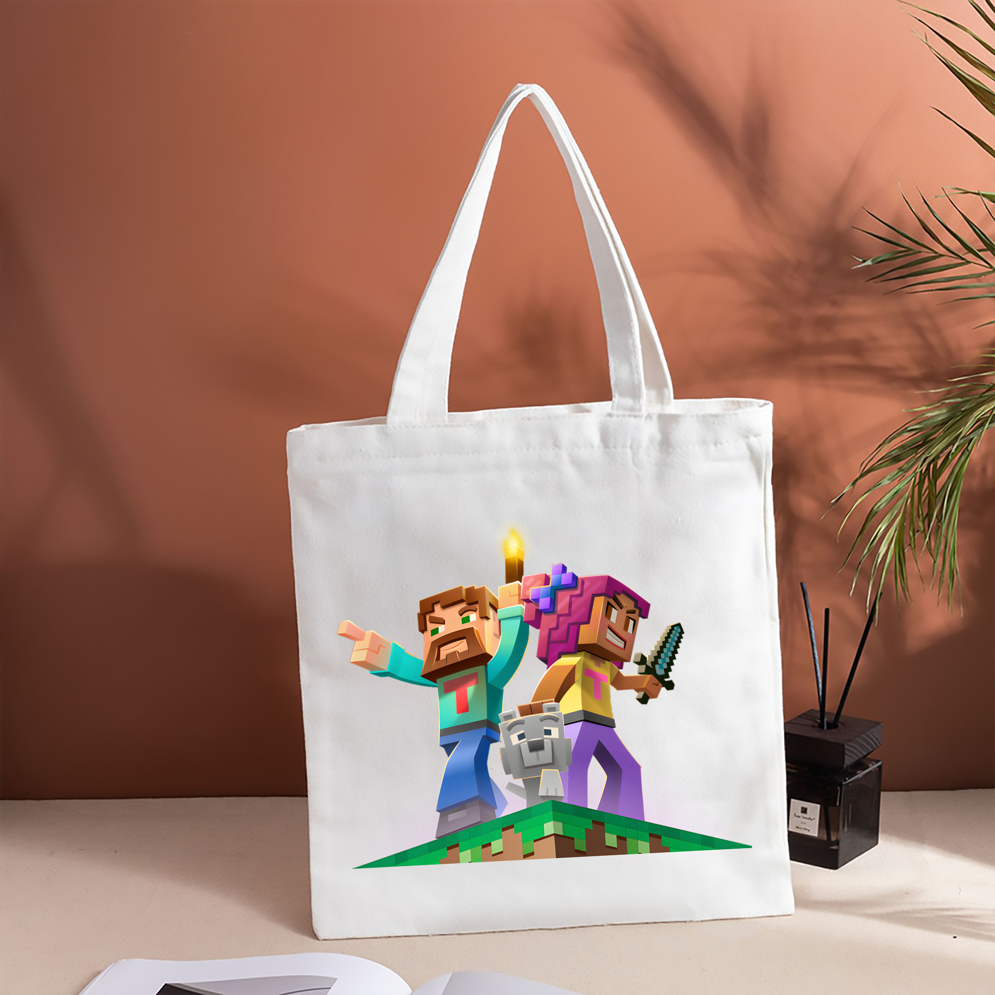 マインクラフト ブロックの世界 Minecraft MC Block world 縦型キャンバス生地手提げバッグ　トートバッグ