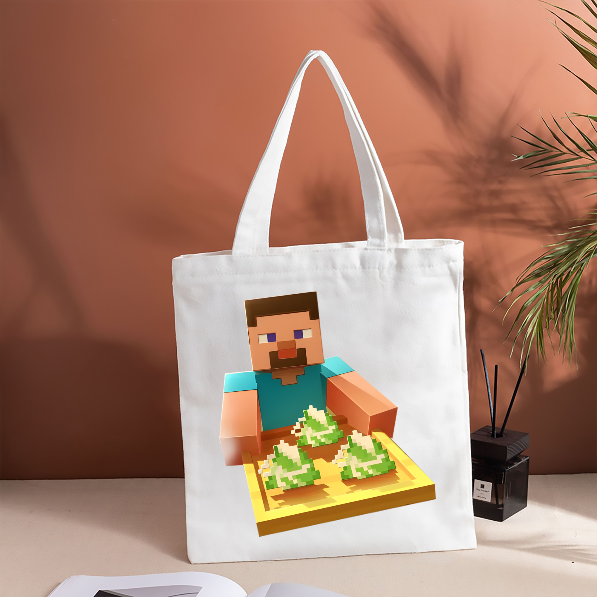 マインクラフト ブロックの世界 Minecraft MC Block world 縦型キャンバス生地手提げバッグ　トートバッグ