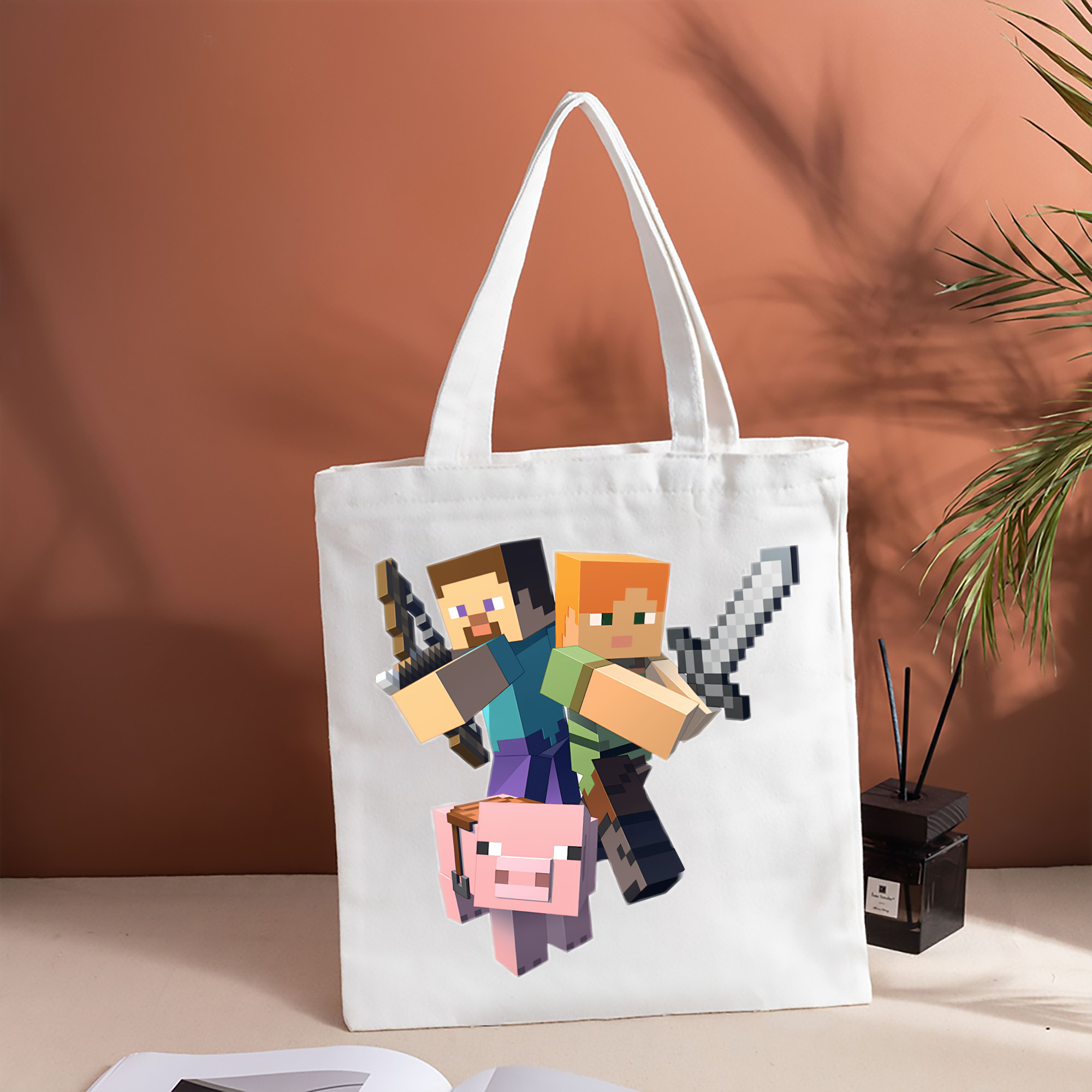 マインクラフト ブロックの世界 Minecraft MC Block world 縦型キャンバス生地手提げバッグ　トートバッグ