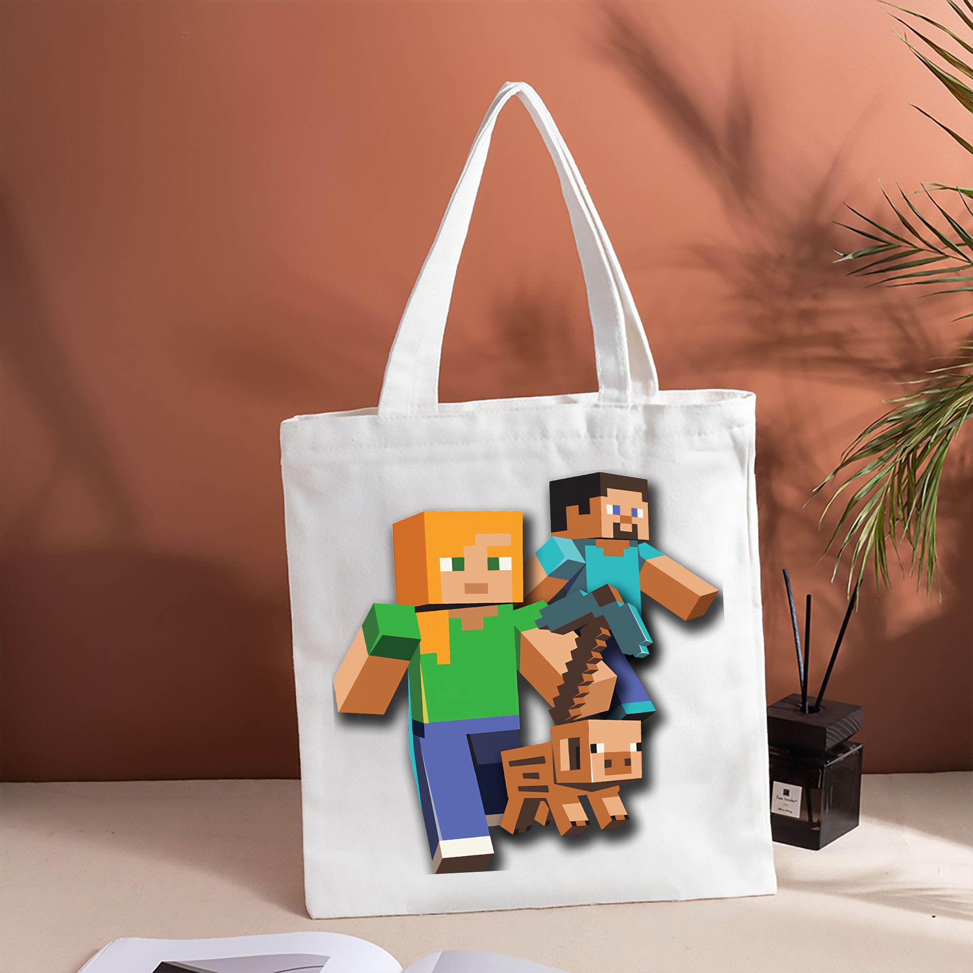 マインクラフト ブロックの世界 Minecraft MC Block world 縦型キャンバス生地手提げバッグ　トートバッグ