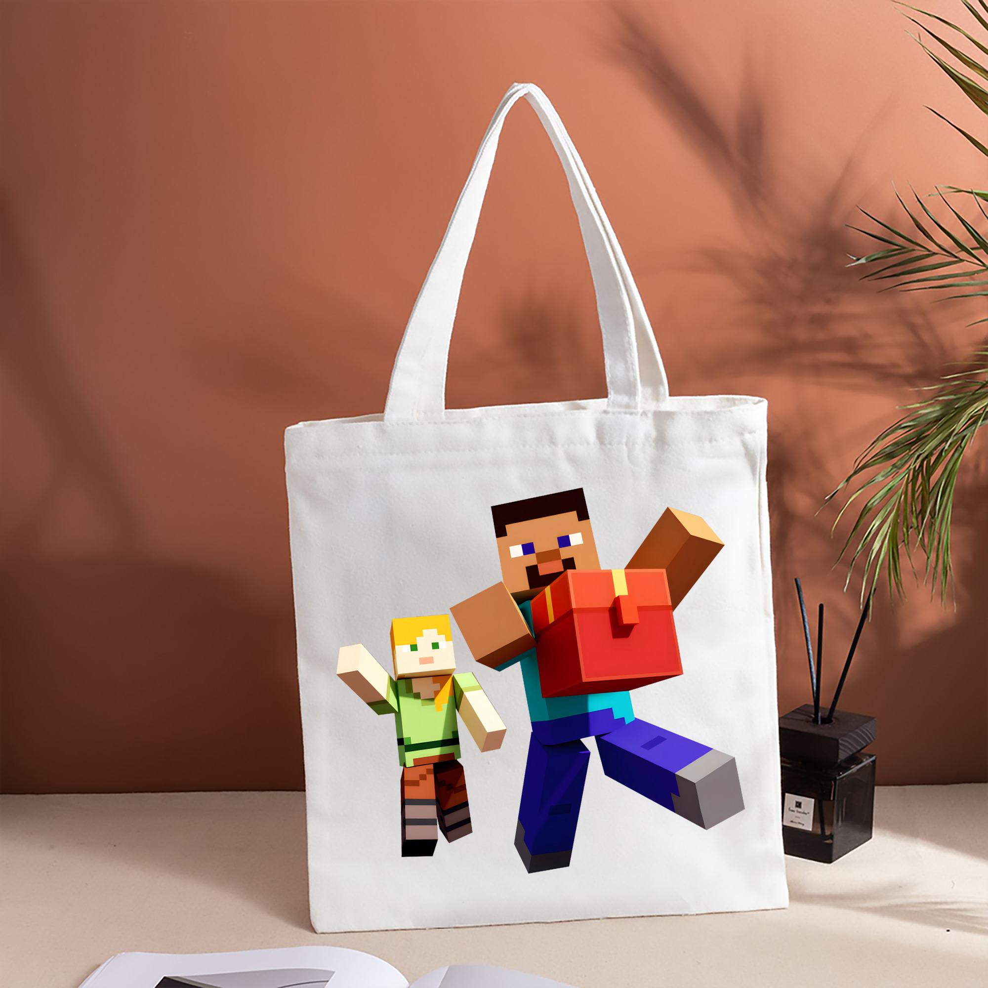マインクラフト ブロックの世界 Minecraft MC Block world 縦型キャンバス生地手提げバッグ　トートバッグ