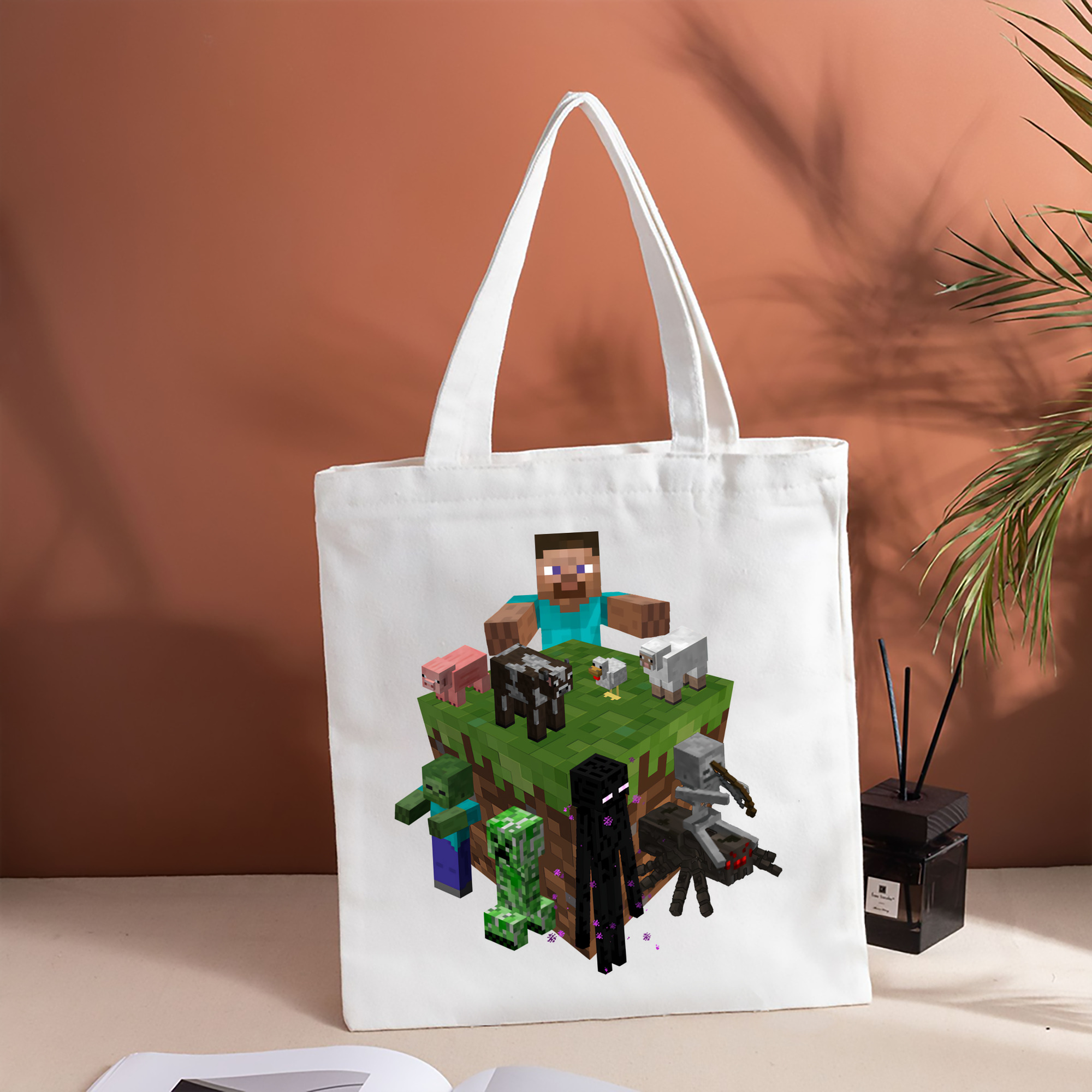 マインクラフト ブロックの世界 Minecraft MC Block world 縦型キャンバス生地手提げバッグ　トートバッグ