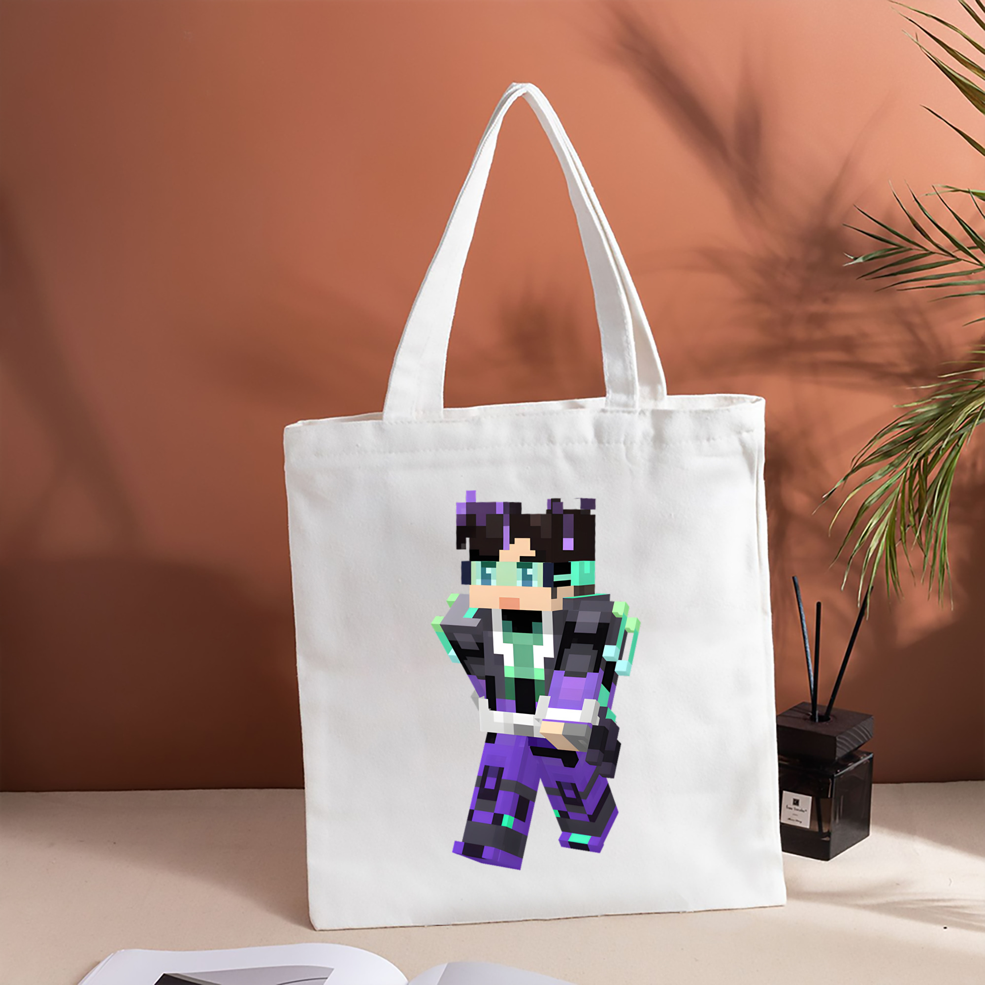 マインクラフト ブロックの世界 Minecraft MC Block world 縦型キャンバス生地手提げバッグ　トートバッグ