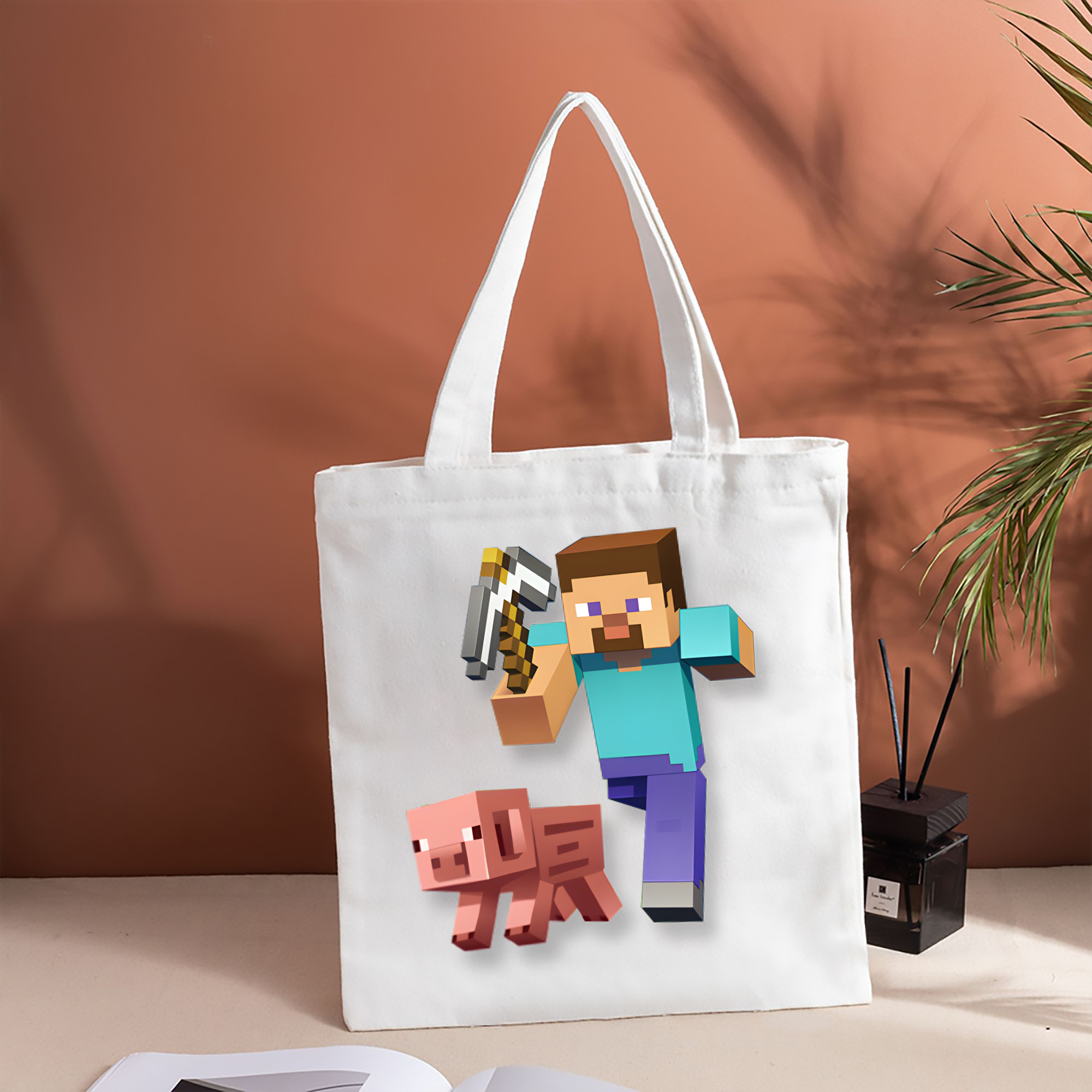マインクラフト ブロックの世界 Minecraft MC Block world 縦型キャンバス生地手提げバッグ　トートバッグ
