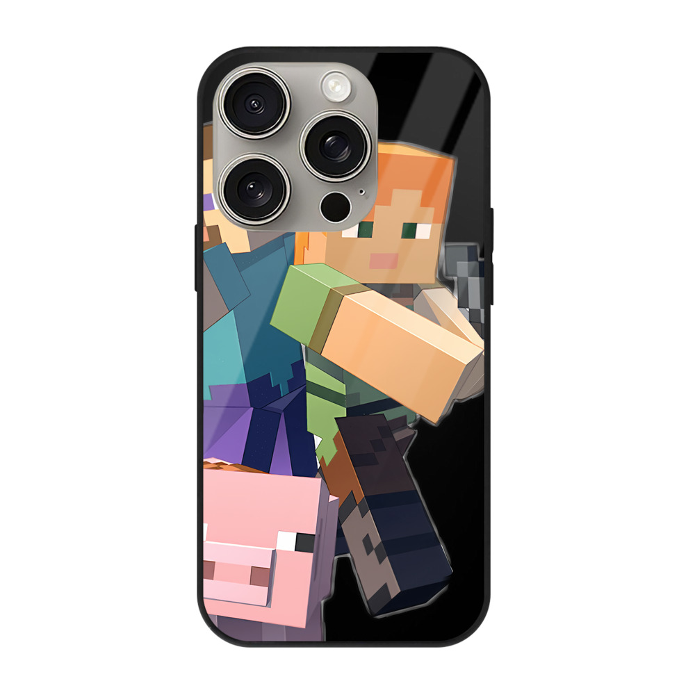 （画像用） マインクラフト ブロックの世界 Minecraft MC Block world 【iPhone15Pro対応】スマホケース 耐衝撃＆黄変防止 背面ガラス