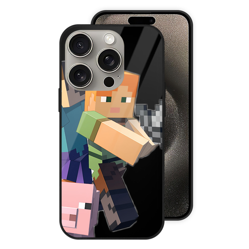 （画像用） マインクラフト ブロックの世界 Minecraft MC Block world 【iPhone15Pro対応】スマホケース 耐衝撃＆黄変防止 背面ガラス